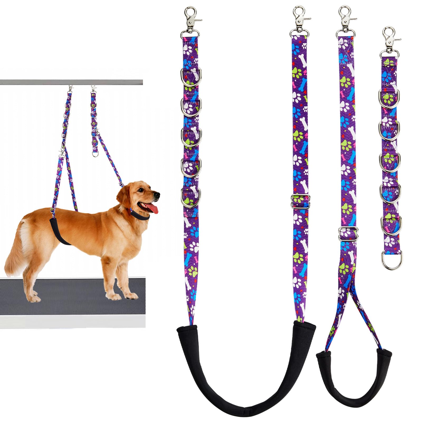 FURSDOLY Dog Grooming Belly Straps Pet Dog Grooming Belly Band Pet Dog Grooming Loop Dog Grooming Table Arm Accessories Cute Paw and Bone Pattened Dog Grrooming Loops Extender Straps (Purple)