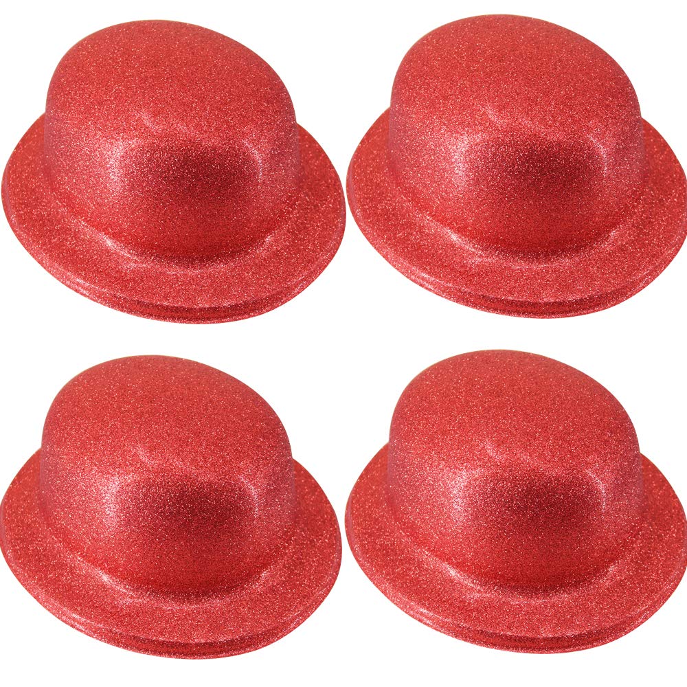 Time to Sparkle 8 Pack of Glitter Bowler Hat Unisex Gangster Style Plastic Party Hats Party Headwear Accessory, Glitter Bowler-Red