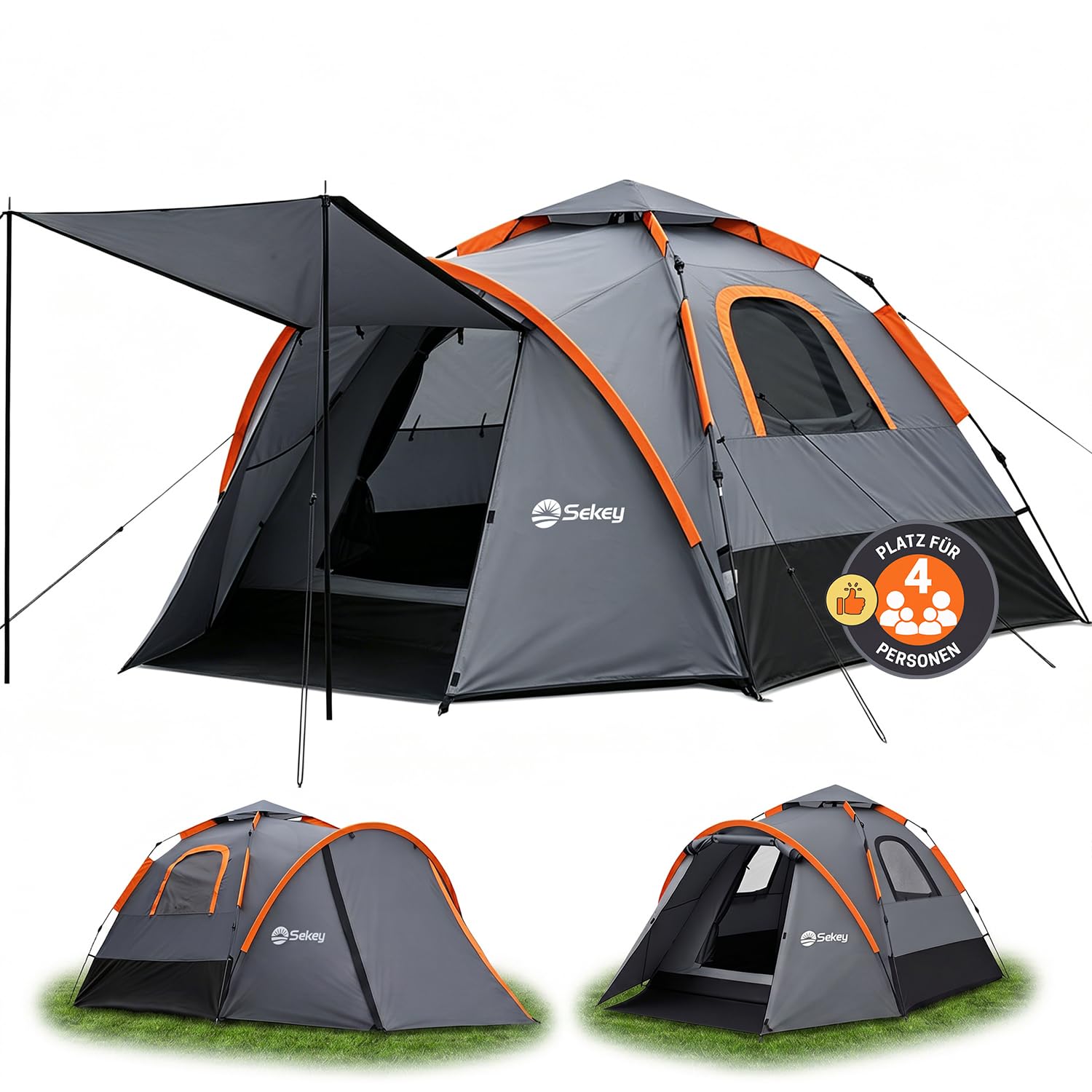 Sekey Zelt 2 Personen 4 Personen: 2-in-1 Campingzelt mit Innenzelt oder Strandzelt ohne Innenzelt | 3-in-1 Familienzelt mit Vorzelt & Markise, Schnellaufbau Wasserdicht UPF50+