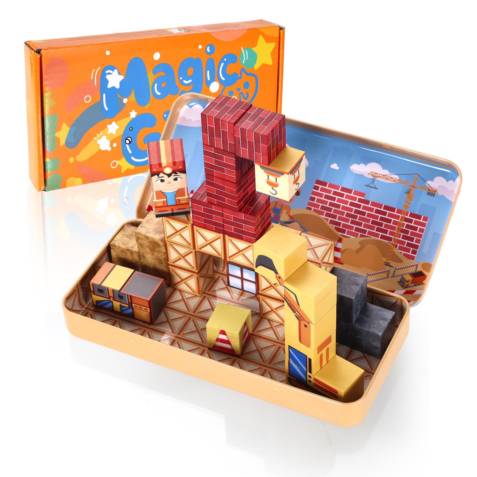 Sinbana 35Pcs Travel Magnetic Blocks, Mini Magnetic Building Cubes Educational Learning Toys with Portable Storage Case for Kids Toddlers Boys Girls Construction Theme Travel Gift