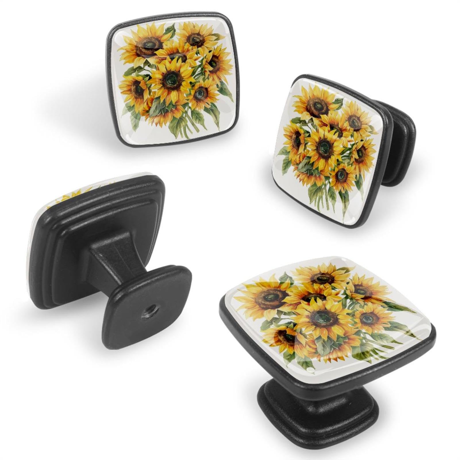 IROLSKDNFH 12 Pieces Sunflowers Bouquet Glass Knobs for Dresser Drawers, 1.37 x 1.10 in Square Kitchen Cabinet Pulls for Home Office Nursery Kids Room