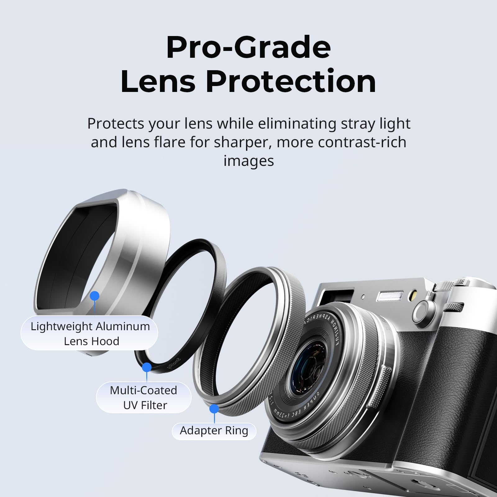 SMALLRIG Kit Filtre UV avec Pare-Soleil pour FUJIFILM X100VI / X100V, Filtre UV avec 99% de Transmission Lumineuse, Anti-Reflets et Anti-Images fantômes, Argent - 5851