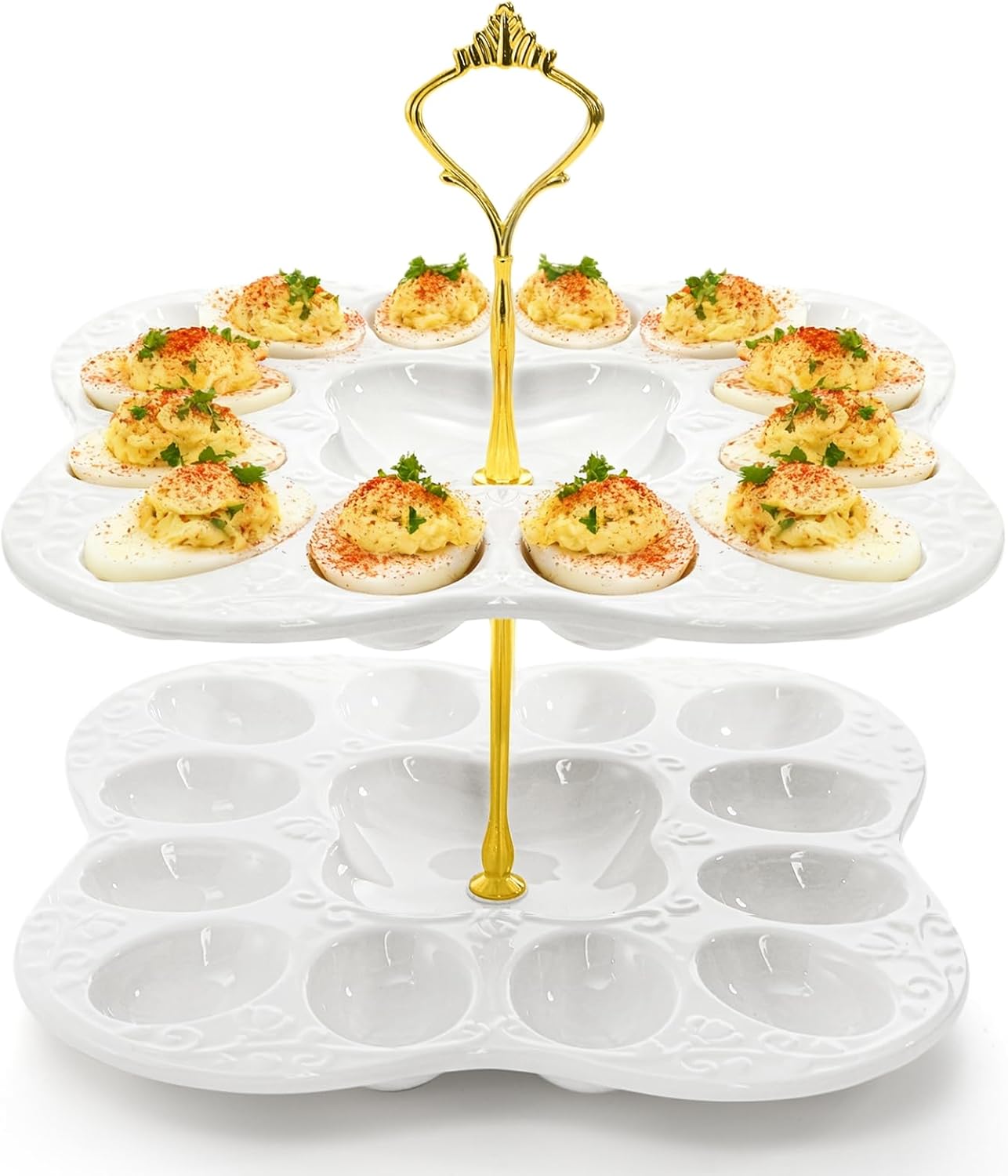 Peohud 2 Tier Ceramic Deviled Egg Platter Tray, 24 Holes Detachable Easter Egg Holder for Kitchen Countertop, Party Display, Microwave Dishwasher Freezer Safe