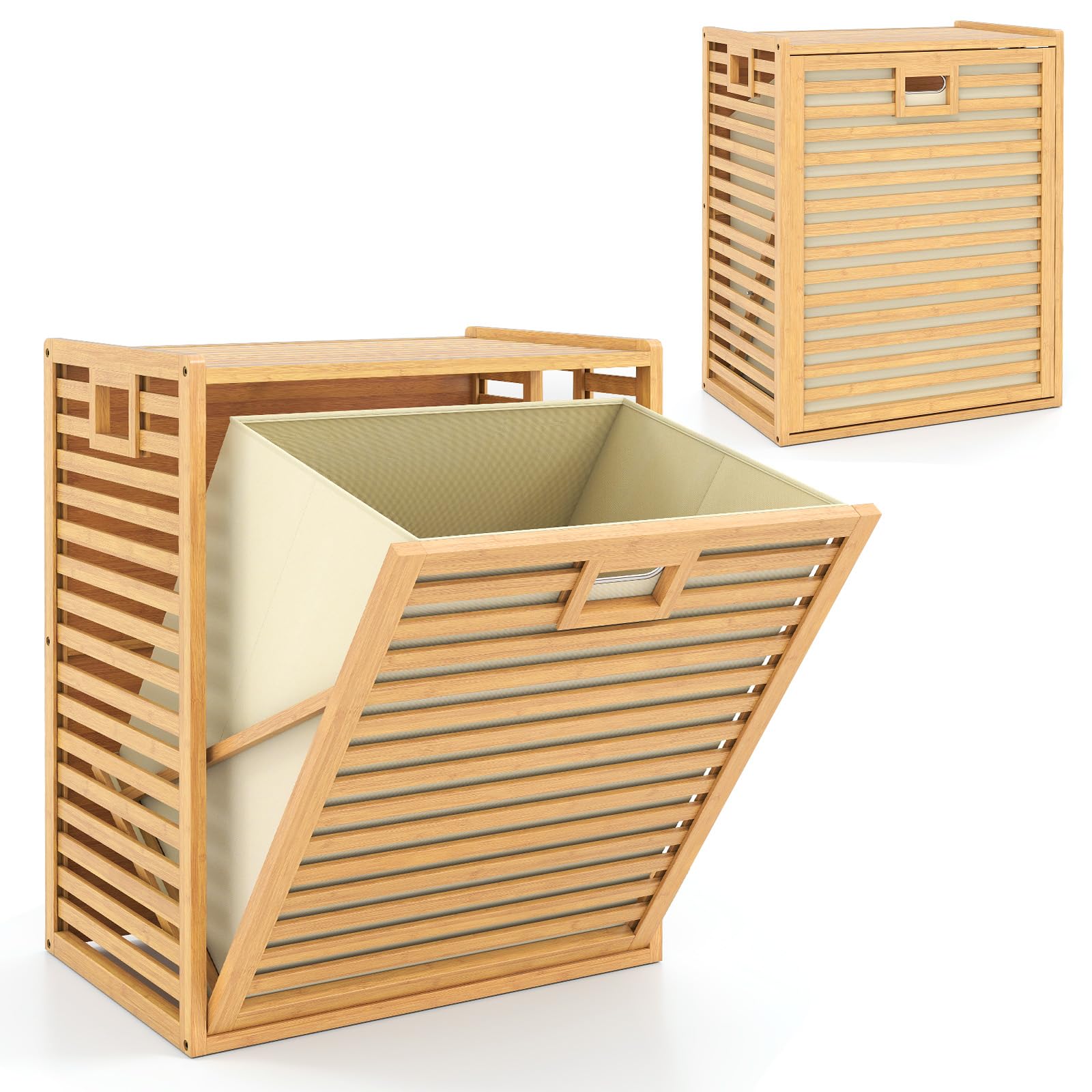 GIANTEX Armario de Lavandería de Bambú, Cesto para Colada de Tela Extraíble, 50 x 35 x 64 cm, Armario para Ropa Sucia con Asa, Mueble Organizador para Baño, Lavandería