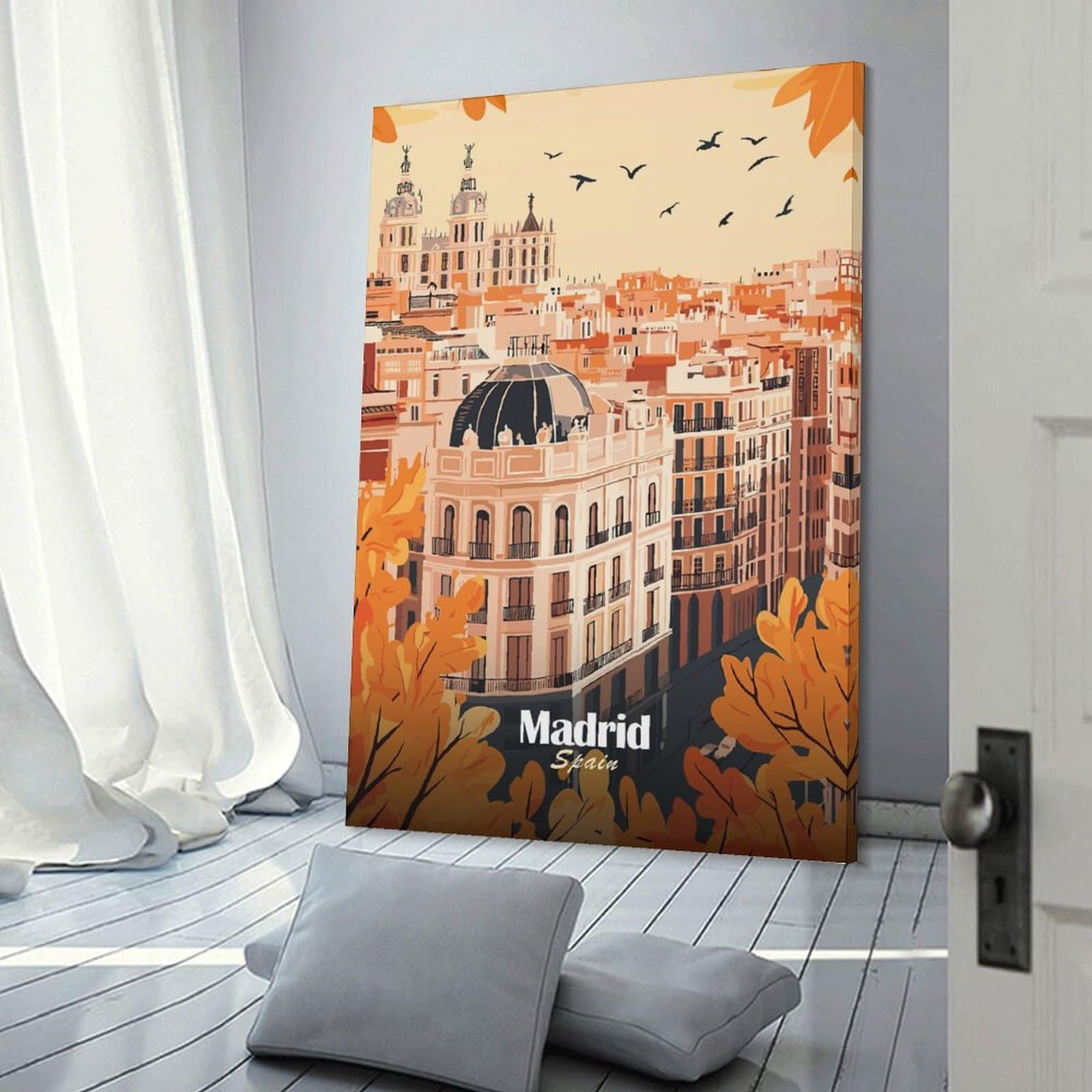Junmoney Madrid Cityscape Illustration Decorative Wall Artwork, 12x18inch(30x45cm), for Corridors, Hallways Or Apartment Entries, Home Artwork for First Impressions
