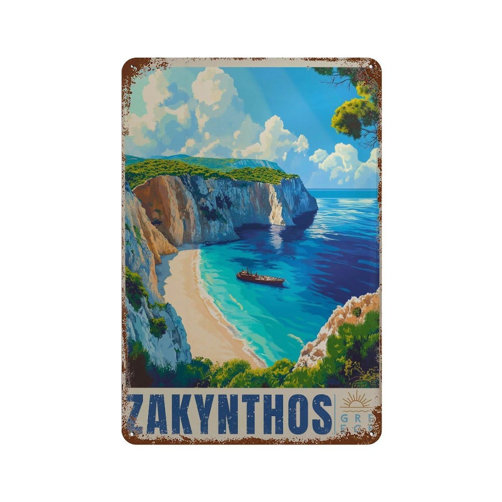 xiaoxiaoshen Zakynthos Greece Travel Mediterranean Sea Wall Decor Art Metal Tin Poster Modern Home Decor Art Home Bar Shop Decorations Vintage Sign 30x20cm