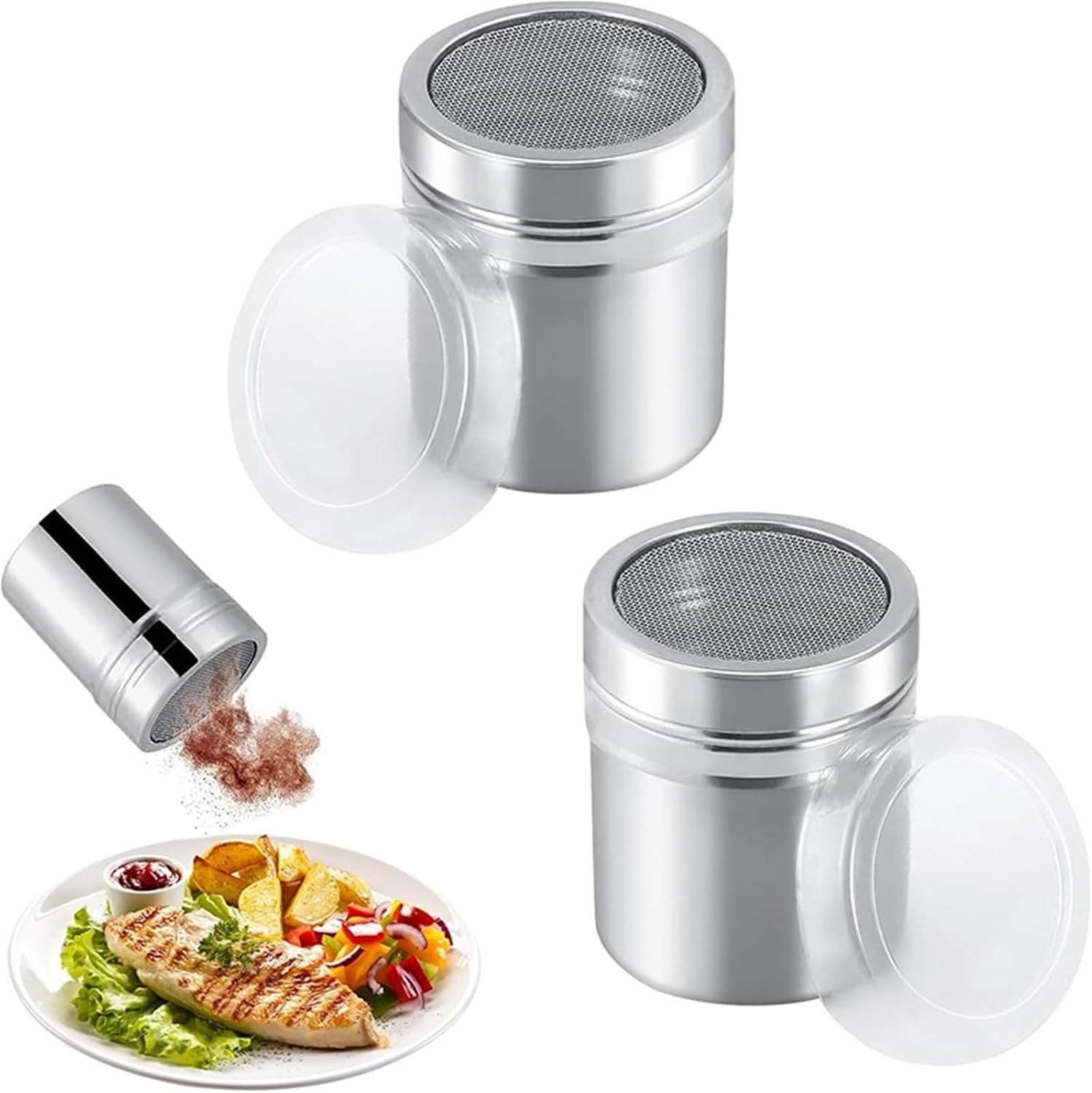 2Pcs Flour Sugar Salt Shaker 7oz Stainless Steel Chocolate Icing Powder Fine Mesh
