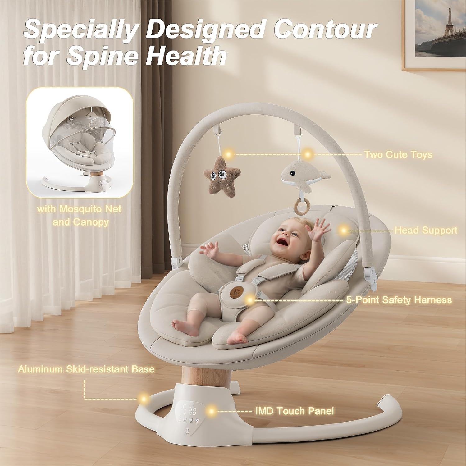 Baby Swings for Infants, FasonBaby Electric Baby Swing with 10 Preset Melodies, 5 Speeds, Remote Control and Bluetooth - Portable Infant Swing for Indoor and Outdoor(Beige)