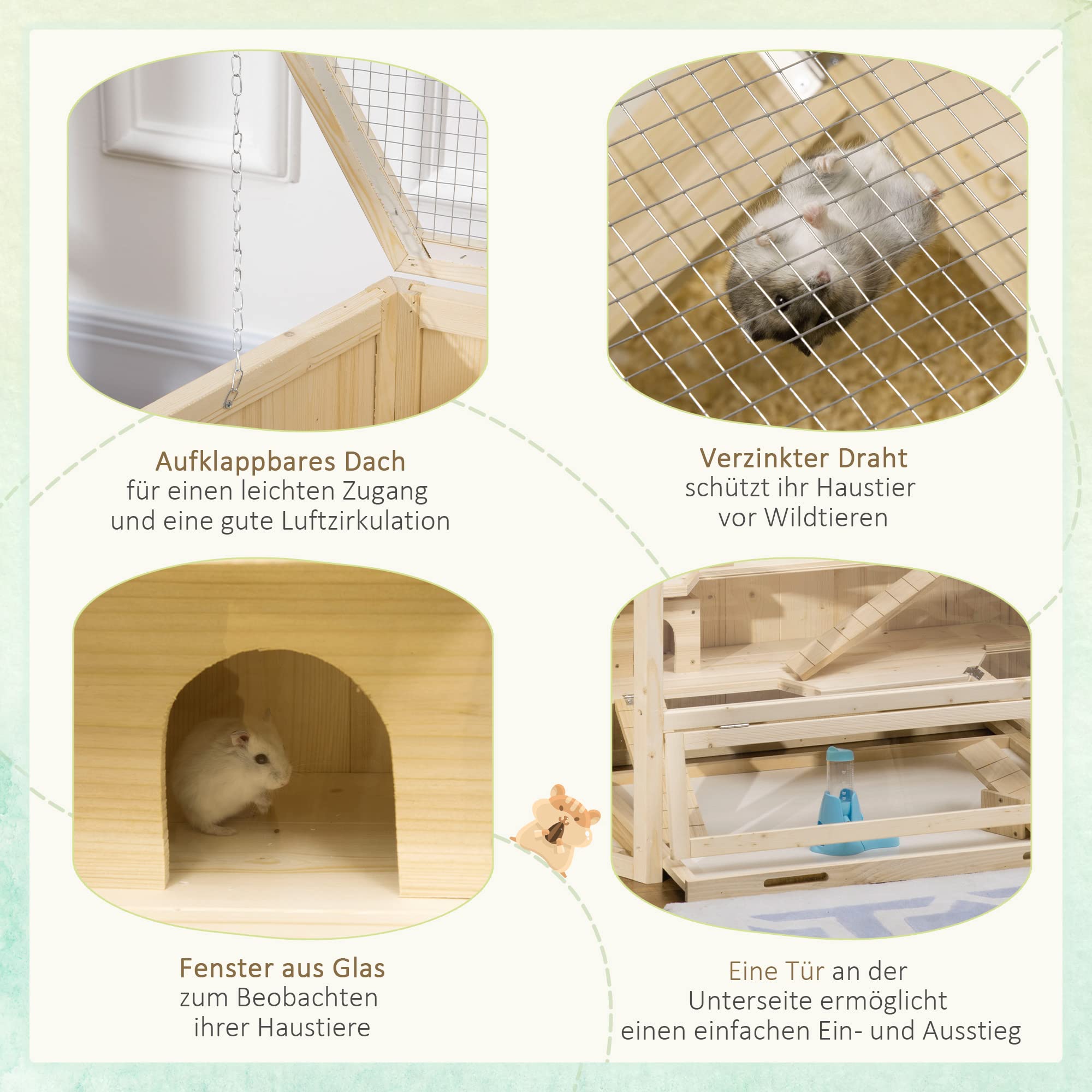 PawHut Gabbia per piccoli animali per roditori, con rampa, gabbia per topi apribile in alto, in legno di abete PS naturale, 115 x 60 x 55 cm