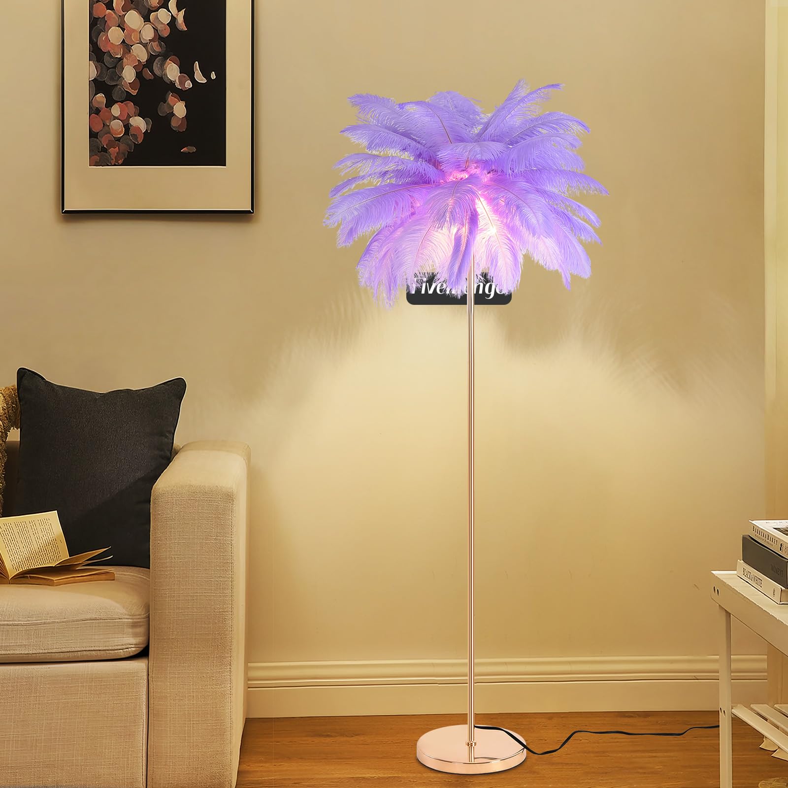 Feather Floor Lamp for Living Room Fluffy Ostrich Feathers Lamp Rose Gold Color Body 3 Color Temperatures Modern