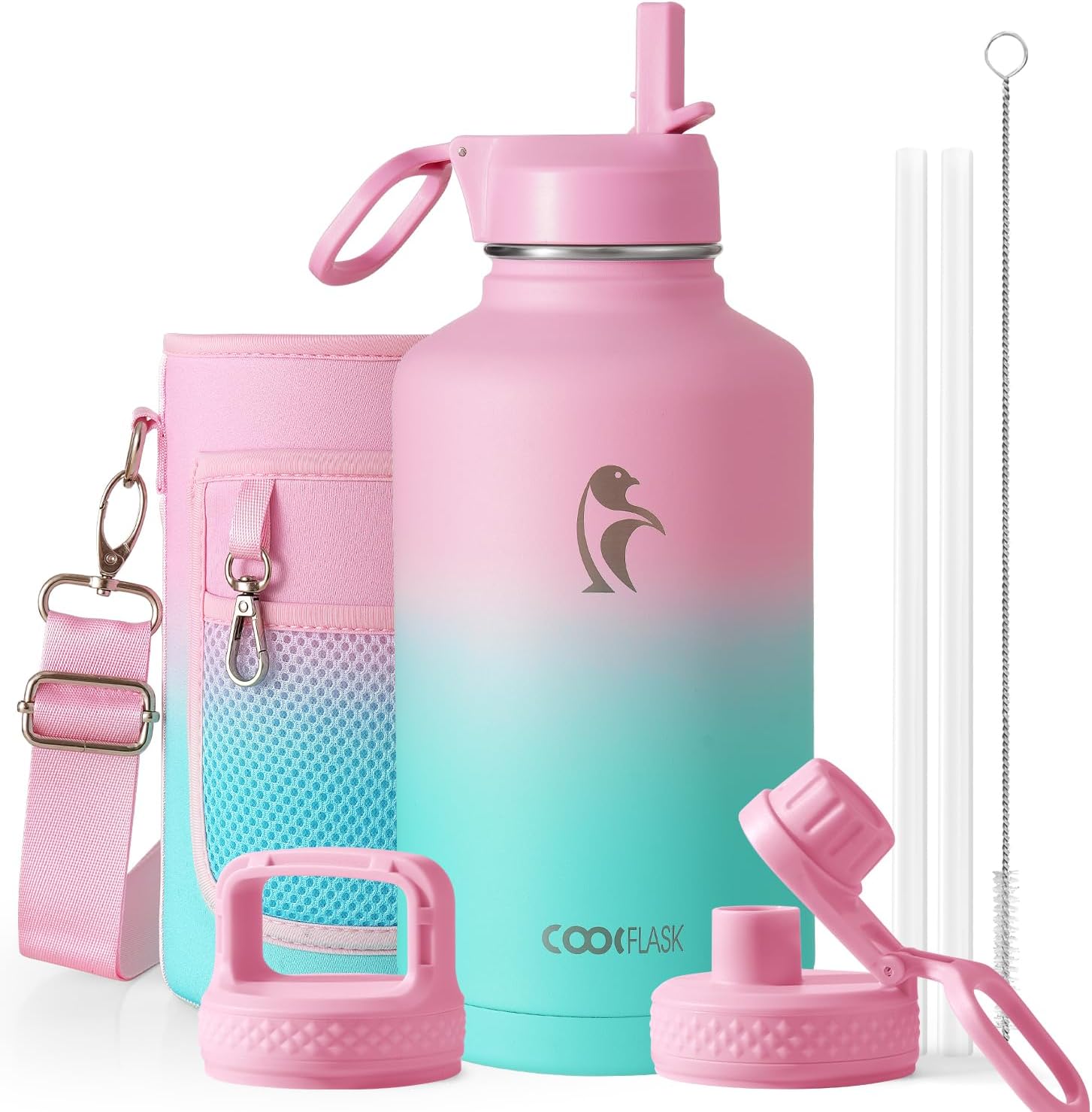 Coolflask Water Bottle Insulated 64 oz with Straw & 3 Lids, Half Gallon Water Jug Large Metal Stainless Steel Wide Mouth, BPA-Free Keep Cold 48H Hot 24H, Bubblegum Princess