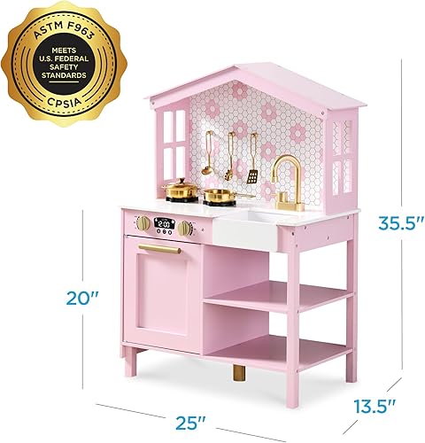 Miniatura 8 de Best Choice Products Juego de cocina de madera para niños con almacenamiento de juguetes, perillas de clic, ventanas, 5 accesorios incluidos, rosa