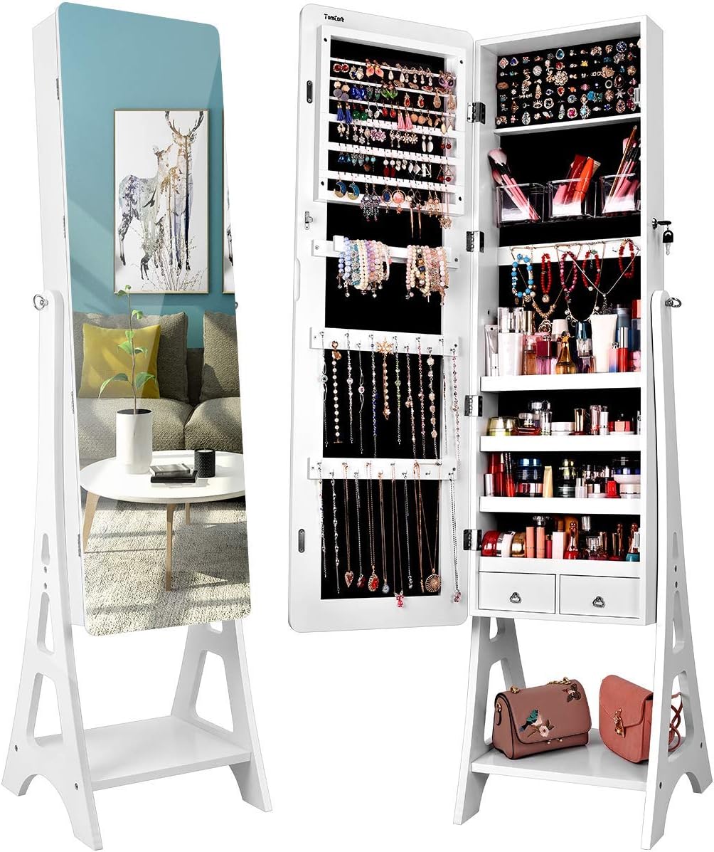 TWING Jewelry Cabinet Armoire Free Standing 6 LED Jewelry Armoire With Full Mirror, Jewelry Organizer, Mirrored Jewelry Cabinet, White : Clothing, Shoes & Jewelry