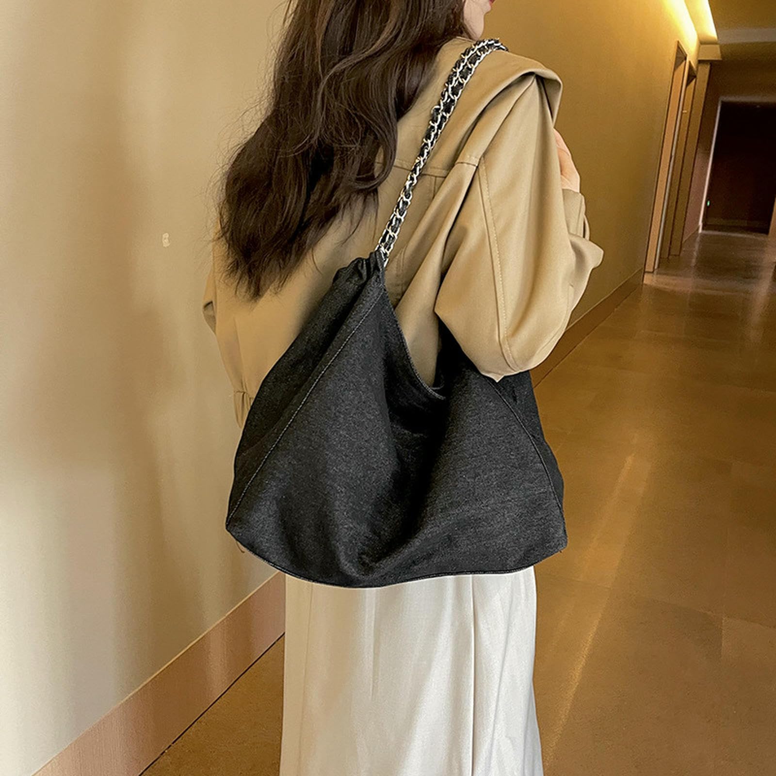 Borsa Donna in Denim di Grande capacità da Donna, A Tracolla Leggera per Studenti Universitari, Catena-Nero