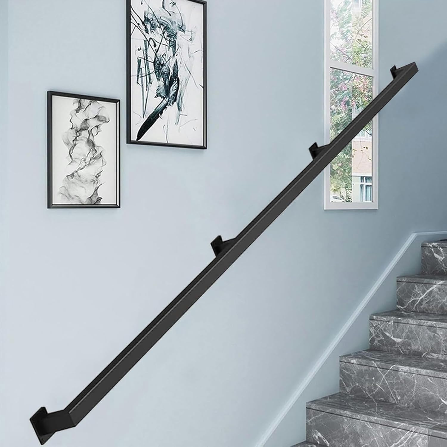 1ft-20ft Square Tube Handrail, Wall Mount Industrial Staircase Handrails for Indoor Outdoor Steps Black Metal Stair Railing Non-Slip Grab Handle