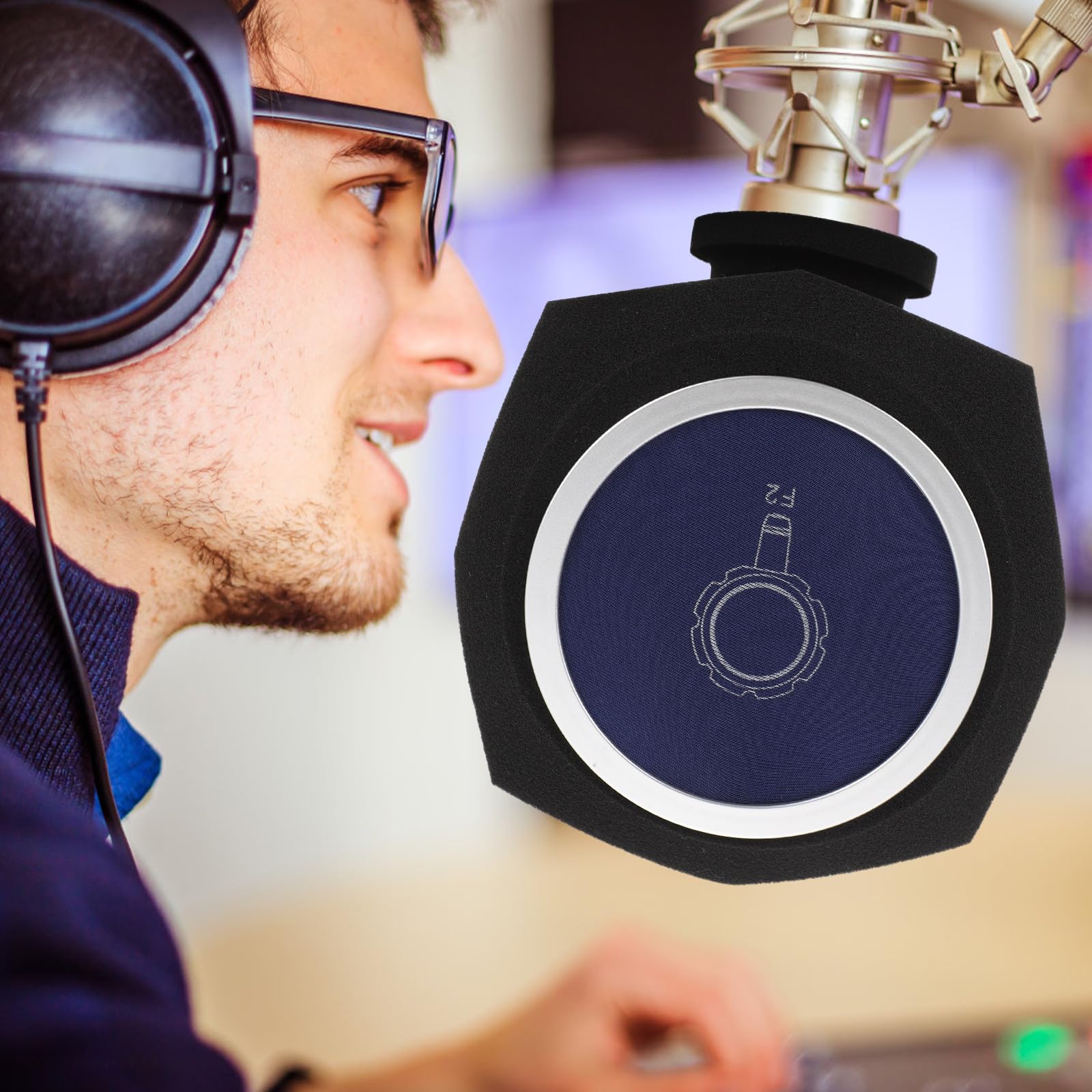 Beavorty Funda de Esponja para Micrófono Aislamiento Acústico, Cubierta Antiviento Flexible Azul Octogonal, Tamaño Compacto para Micrófonos de Grabación y Transmisión Profesional