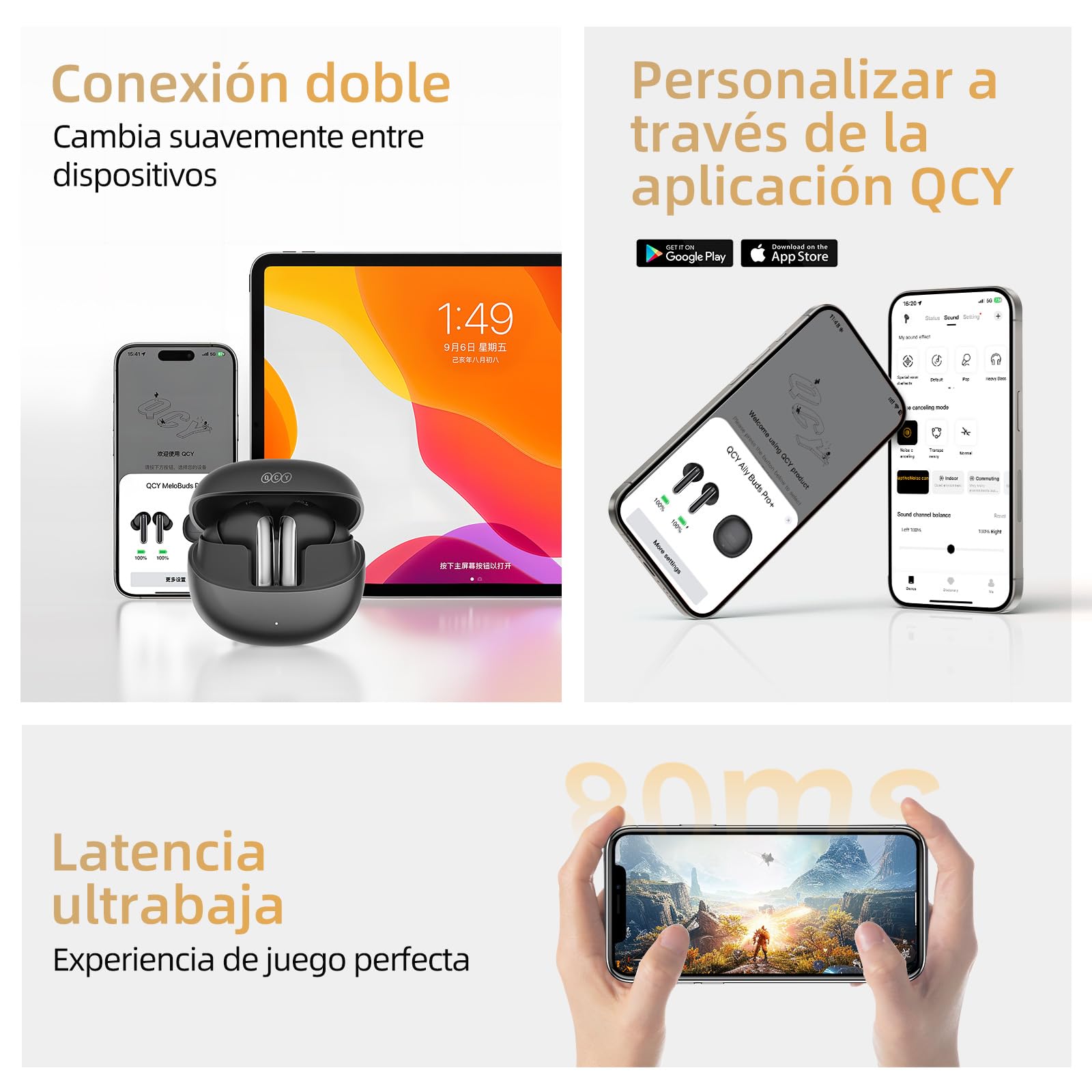 QCY MeloBuds Pro Auriculares Inalámbricos, Auriculares con Cancelación de Ruido Adaptativo, 99% Reducción del Ruido, Audio Hi-Res y LDAC, 34 Horas de Reproducción, Conexión Dual, Bluetooth 5.3