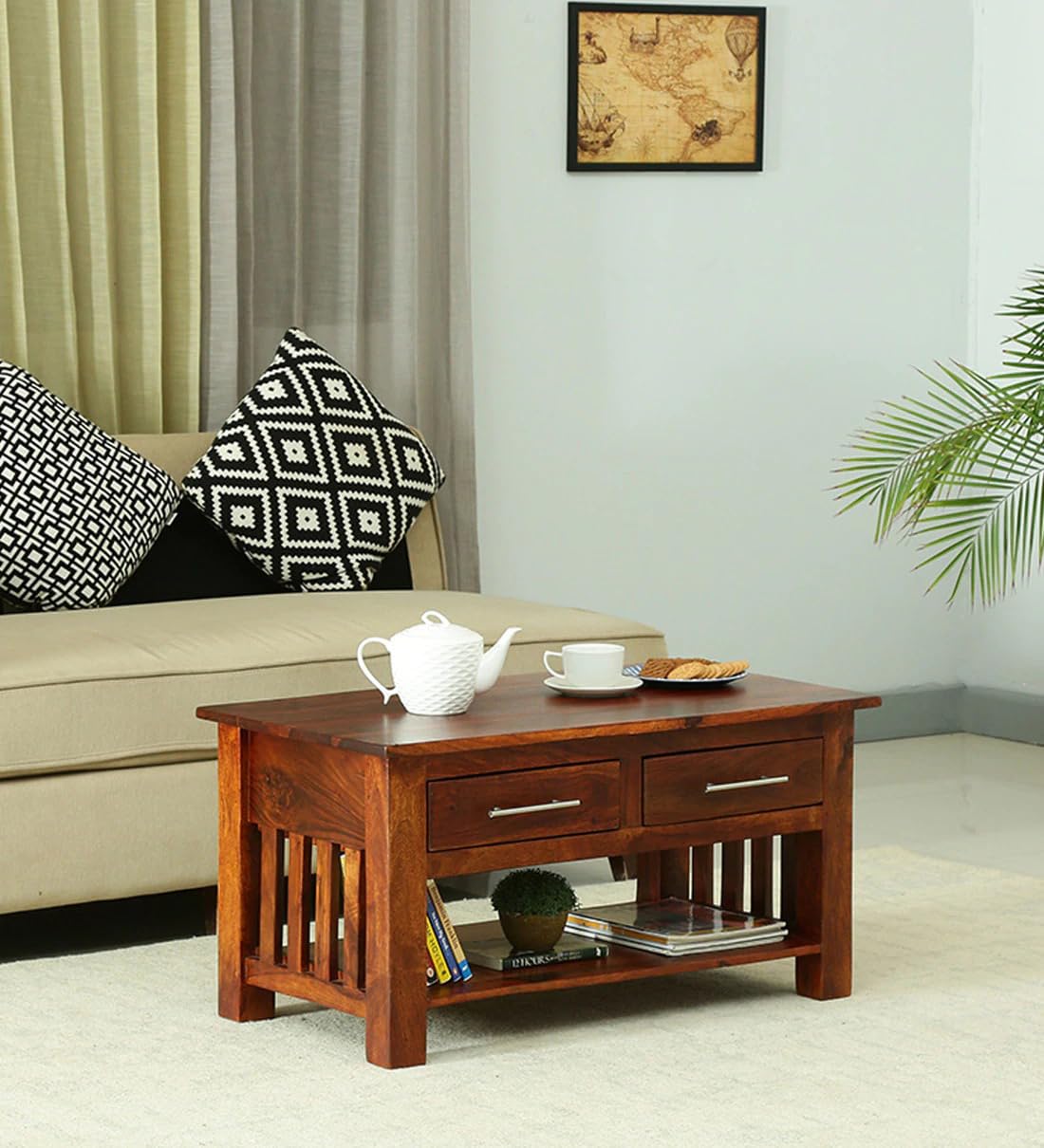 Woody Furniture™ Rectangle Sofa Centre Coffee Table for Living Room | Outdoor Center Table for Garden with 2 Drawers Storage | Sheesham Wood, Provincial Finish (B0CH31CJSB) Amazon Price History, Amazon Price Tracker