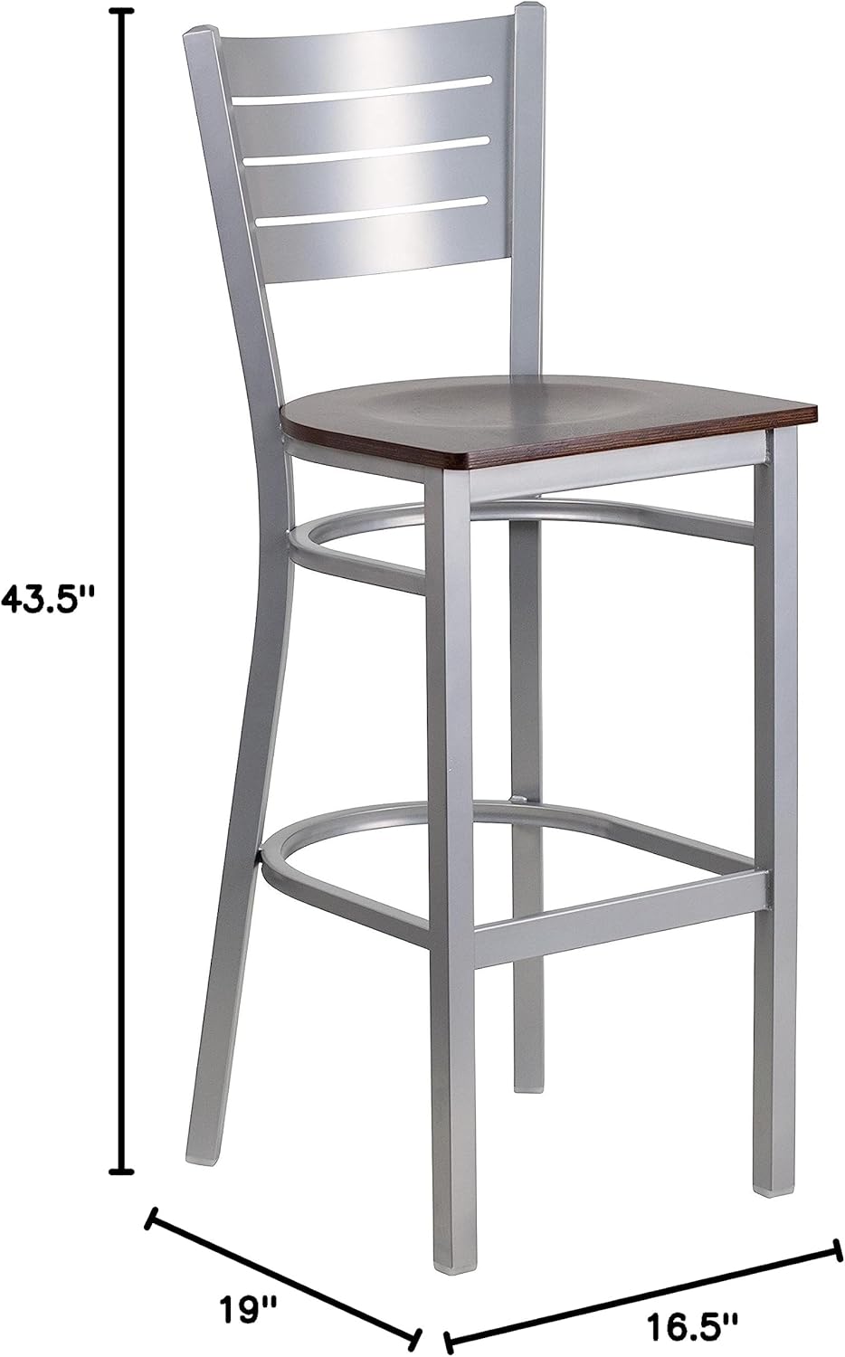 EMMA + OLIVER Silver Slat Back Metal Barstool, Walnut Wood Seat
