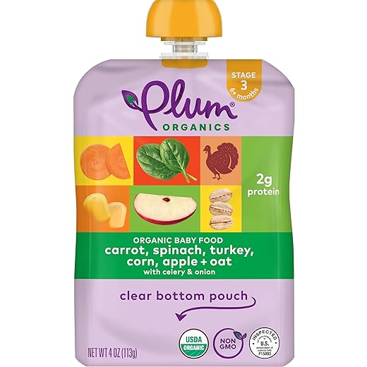 Plum Organics Stage 3 Organic Baby Food, Carrot, Spinach, Turkey, Corn, Apple & Potato, 4 Ounce Pouch