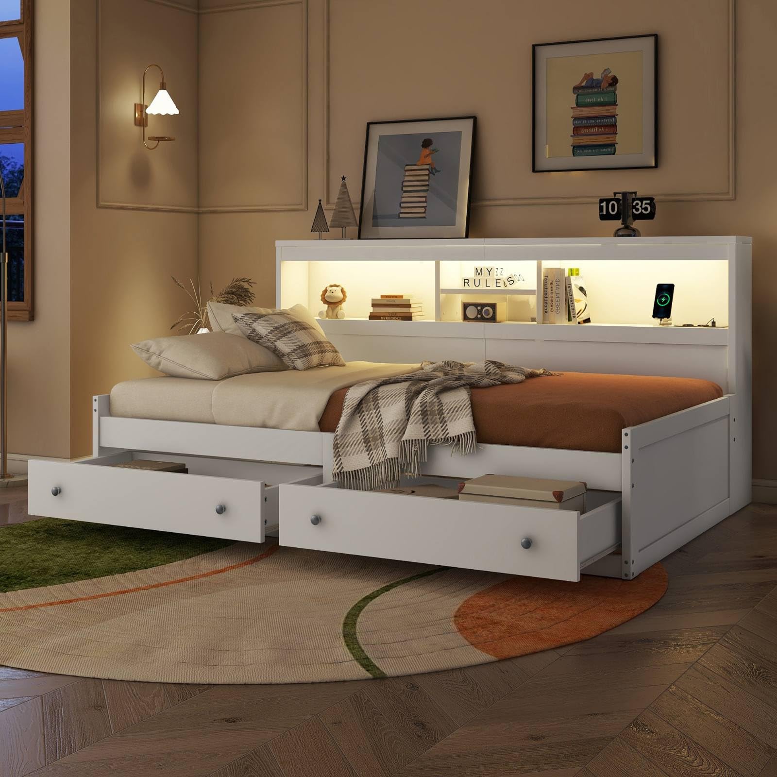 KOMHTOM 90x200cm Lit de Jour avec Lit Extensible, Canapé-lit avec 2 Prises USB et 2 Prises de Recharge, Lit LED avec 2 Tiroirs de Rangement(sans Matelas) (Blanc)