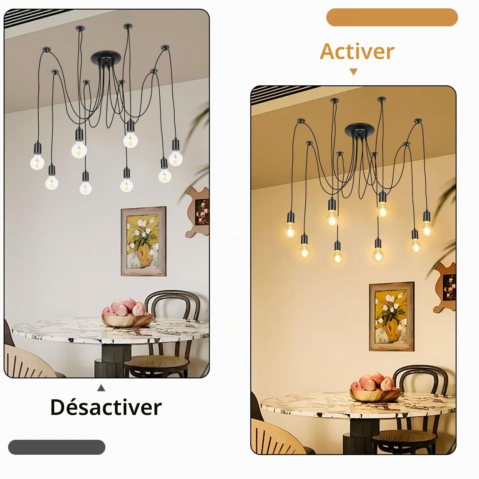 Lightess Suspension Luminaire Industrielle Lustre Araignée 8 Lumières Vintage Noir Plafond Suspendu Réglable pour Chambre Salon Restaurant