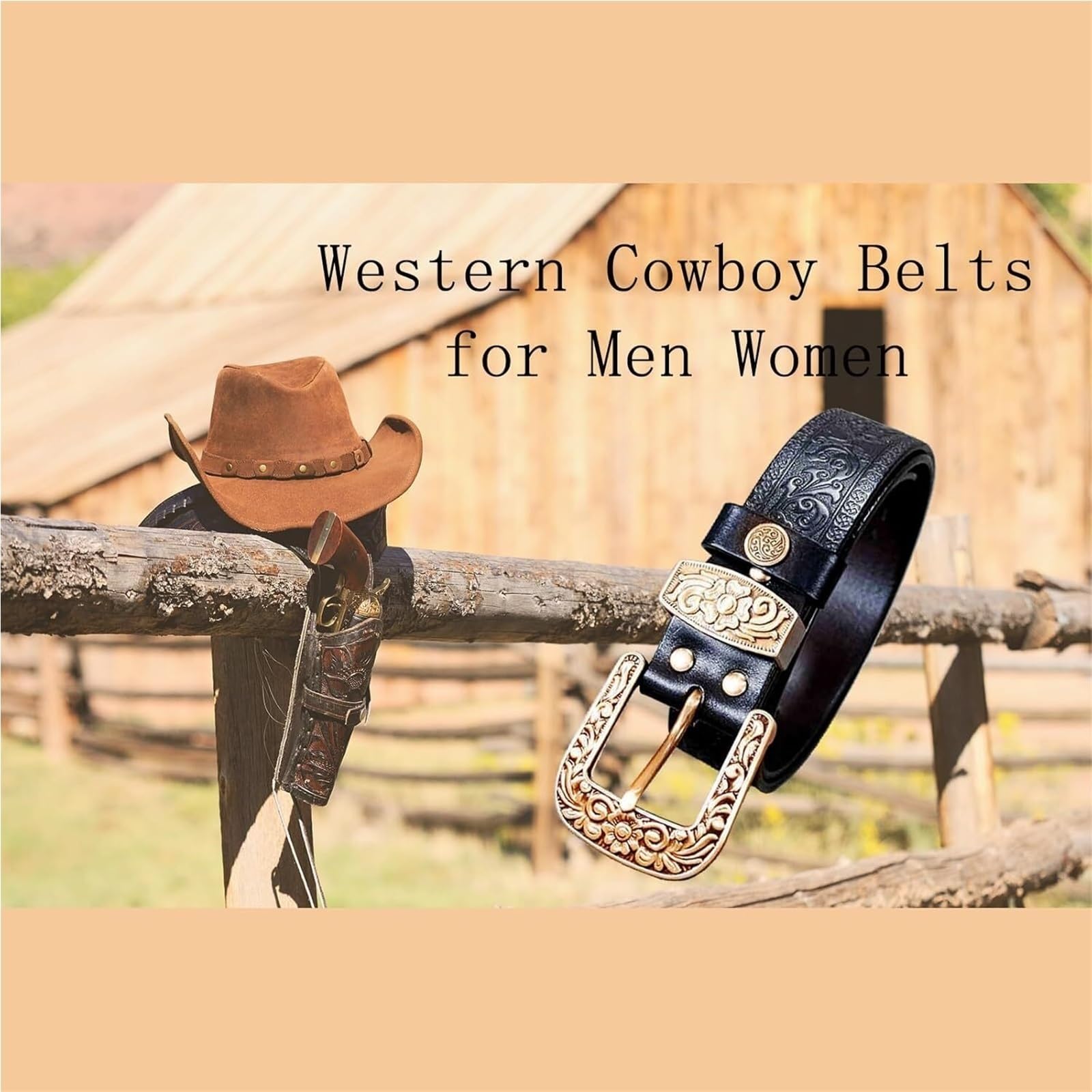 Cintura western da uomo, Cinture da cowboy occidentali for uomo e donna, cintura in pelle goffrata con fibbie in rame for jeans, cinture country vintage regolabili
