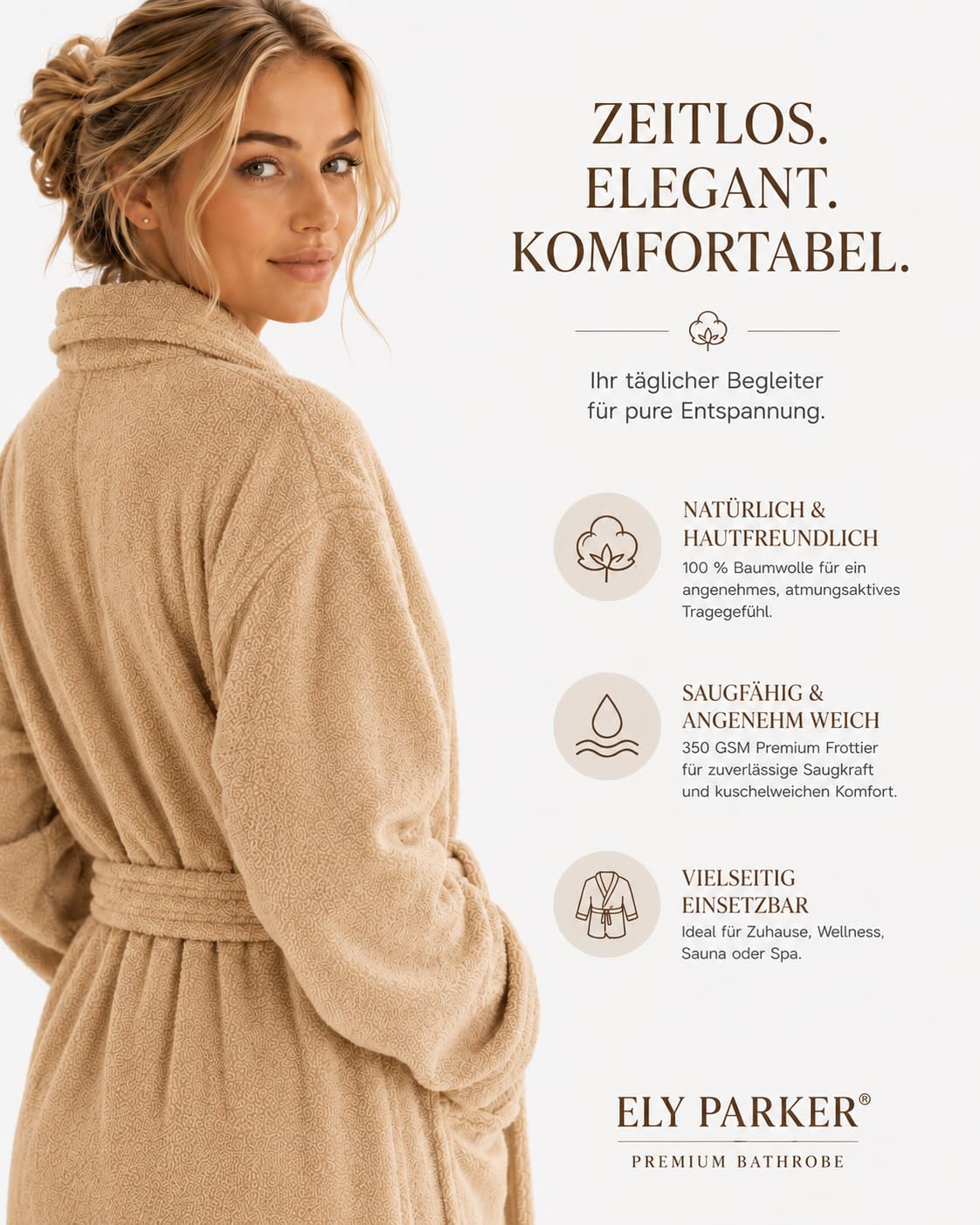 ELY PARKER Albornoz para mujer de rizo, cuello chal, algodón