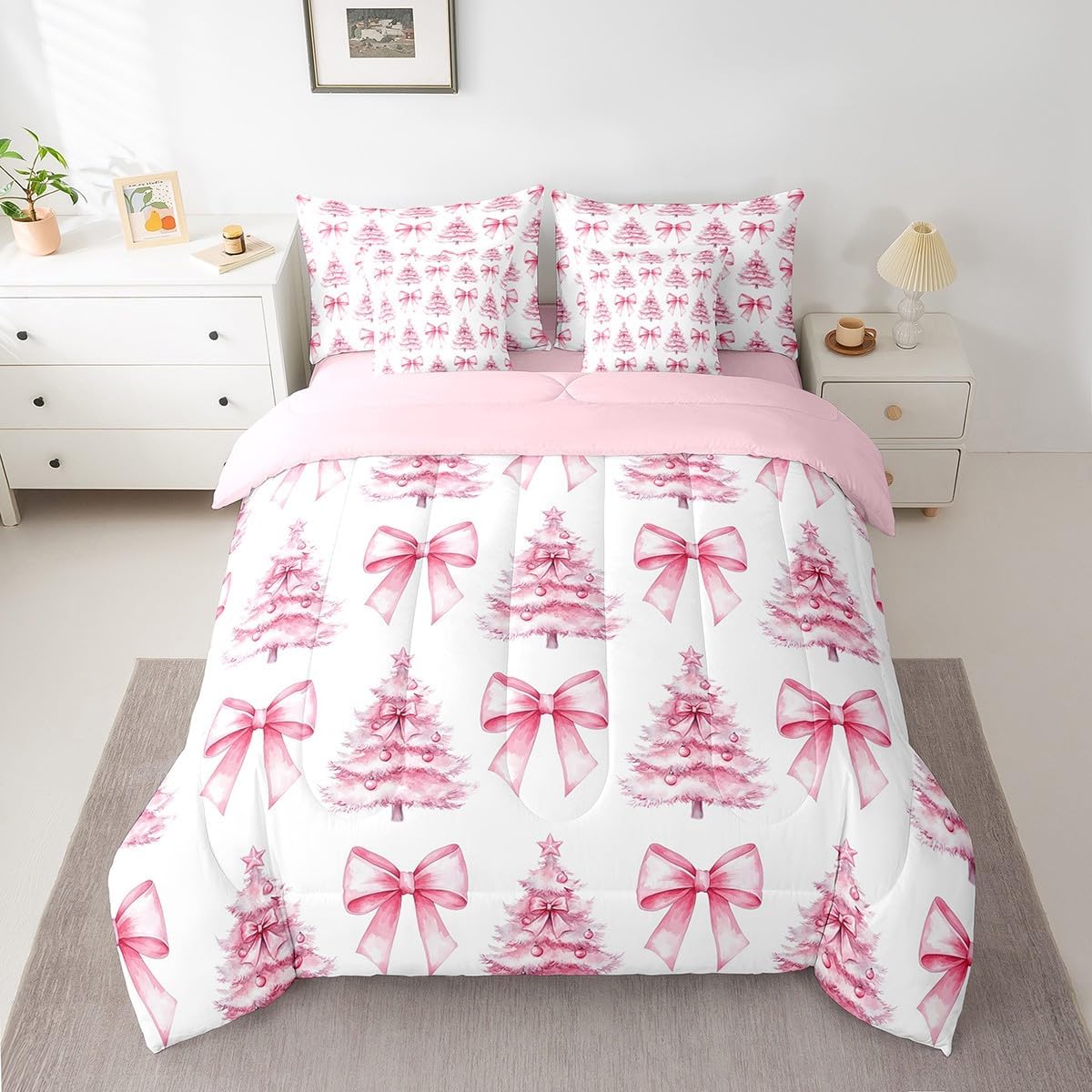 Manfei 7 Pieces Pink Bowknot Kids Comforter Twin,Christmas Trees Pine Bow Tie Toddler Bedding Set,Merry Christmas Happy New Year Xmas（Comforter+Fitted+Flat Sheet+2 Pillowcases+2 Throw Pillow Covers）