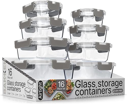 Recipientes de almacenamiento de alimentos de vidrio borosilicato gris con tapas, 16 piezas, de grado alimenticio, apilables, sin BPA, recipientes