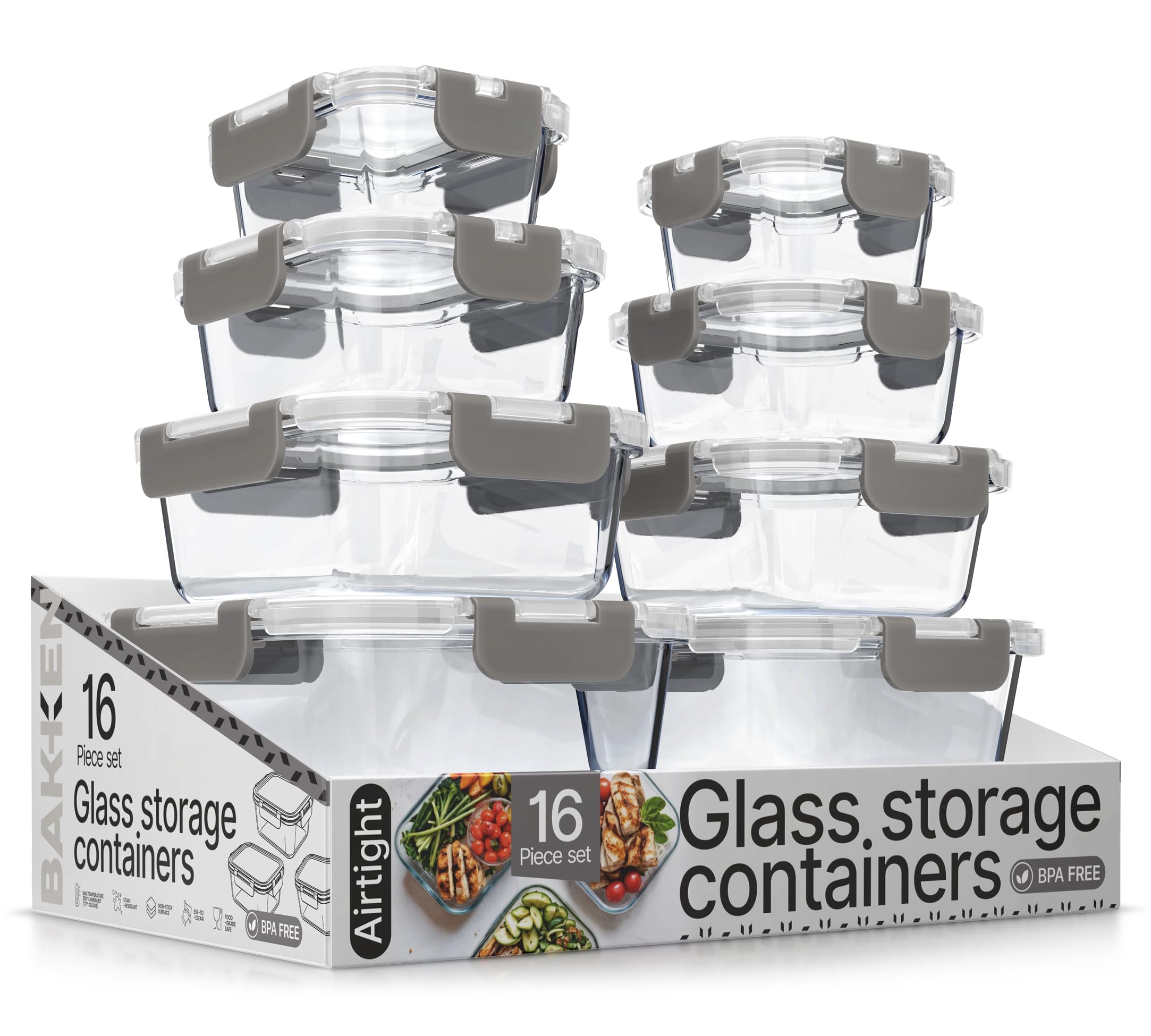 Bakken Borosilicate Glass Food Storage Containers with Lids 16 Pieces, BPA-Free Stackable Lunch & Leftover Containers, Microwave, Freezer & Dishwasher Safe, 100% Airtight Leak-Proof, Gray