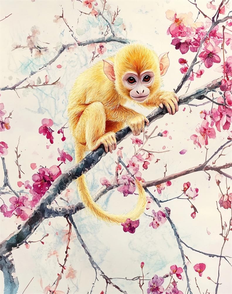 Henypt Cross Stitch Kits Monkey Standing On A Plum Blossom Branch Stamped Cross Stitch Preprinted 11Ct Fabric Cross Stitch DIY Art Embroidery Kits for Adults (Stamped)