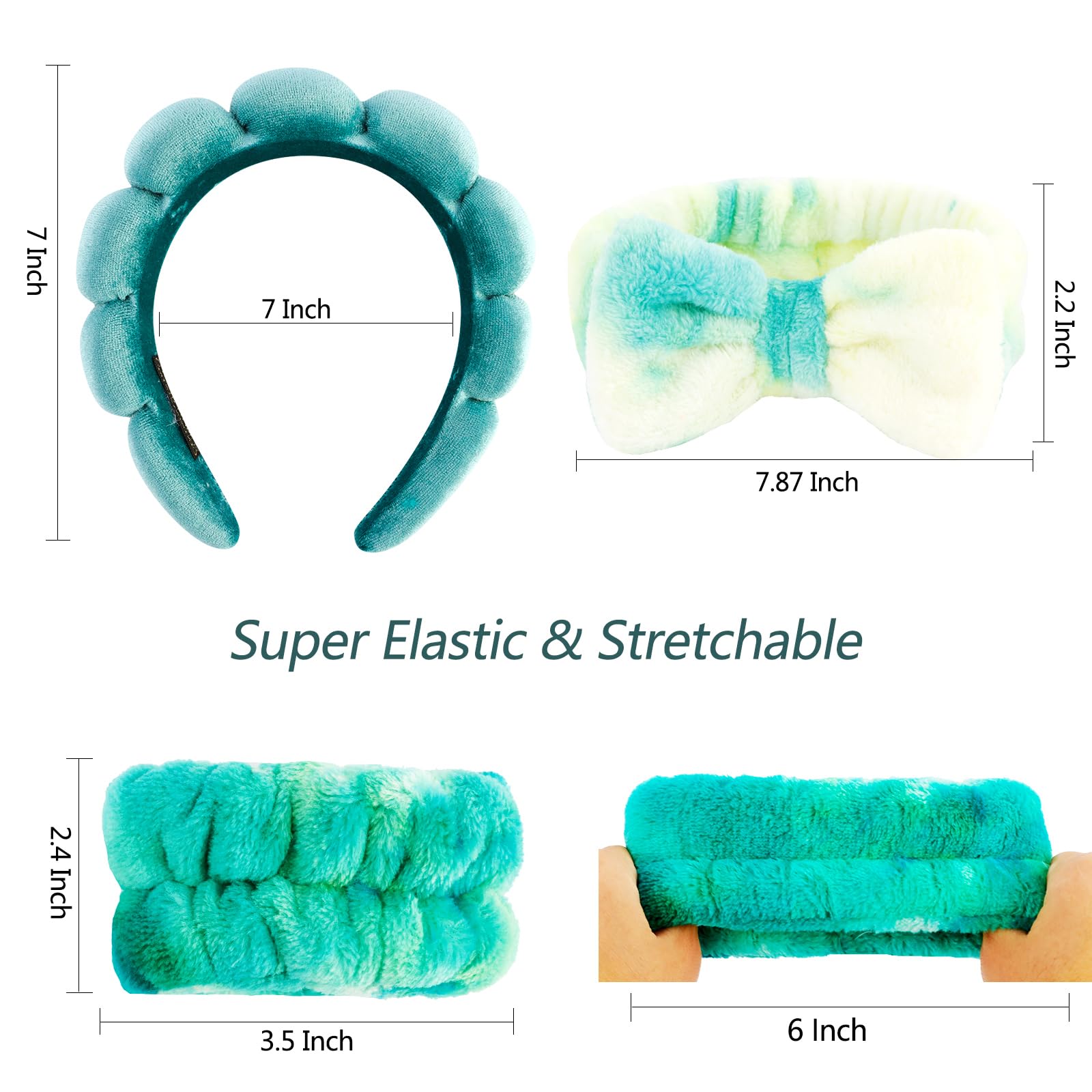 VELSCRUN Fascia per capelli da spa, per il lavaggio del viso e la cura della pelle, 6 pezzi, verde colorato, papillon in spugna per prepararsi, set di braccialetti per il viso, roba per ragazze e