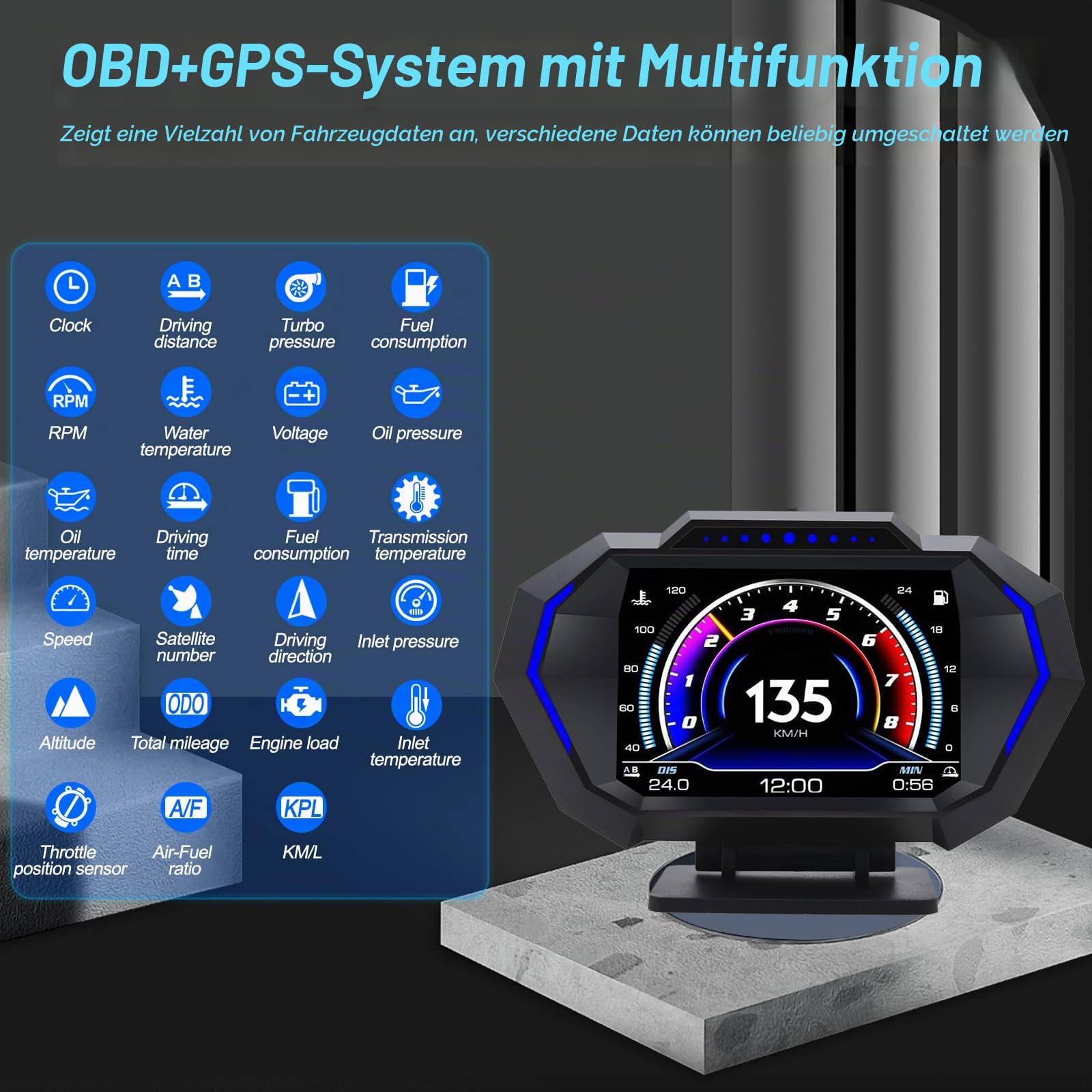 KAOLALI Head up Display OBD2+GPS Auto HUD Universal Digital Tachometer | mit Neigungsmesser, Geschwindigkeitswarnung, Müdigkeitserinnerung, Wassertemperaturanzeige, Spannungsanzeige, für Alle Autos