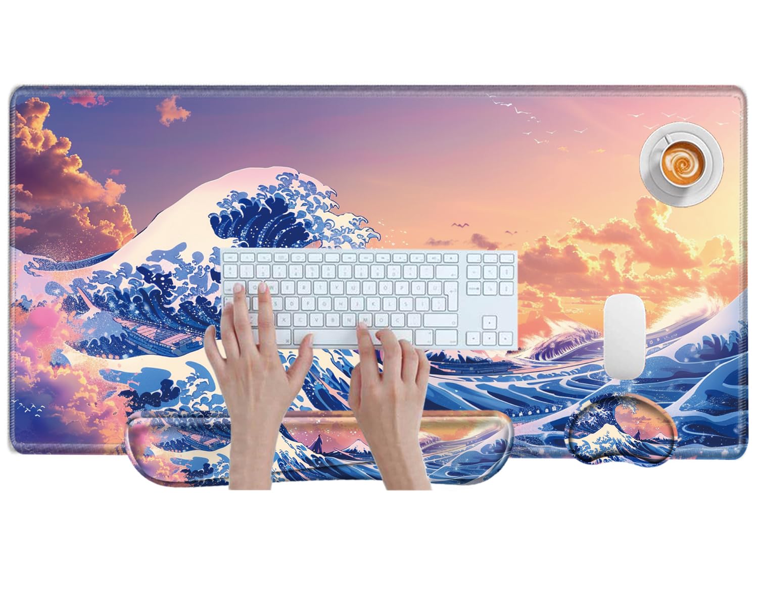 Gaming Mouse Pad with Wrist Support Japanese Sea Wave Desk Mat Large Mousepad and Keyborad Wrist Rest 31.5" x 15.75" Computer Mat XXL Mouse Mat for Office Work — image 1