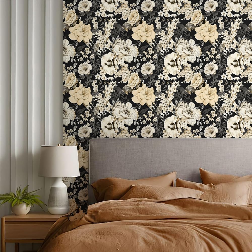 REDAMANCY Black and White Peony Flower Boho Luxury Peel and Stick Wallpaper Vintage Wall Paper Stick on Contact Paper Easy Peel Off for nightstand Drawer Renter Friendly 17.7"x236"