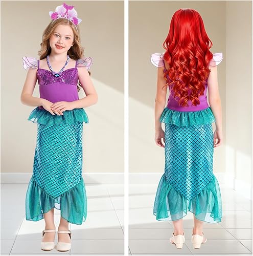 Miniatura 2 de ALIZIWAY Disfraz de sirena para niñas, Ariel, princesa, cumpleaños, Halloween, cosplay, con accesorios para peluca