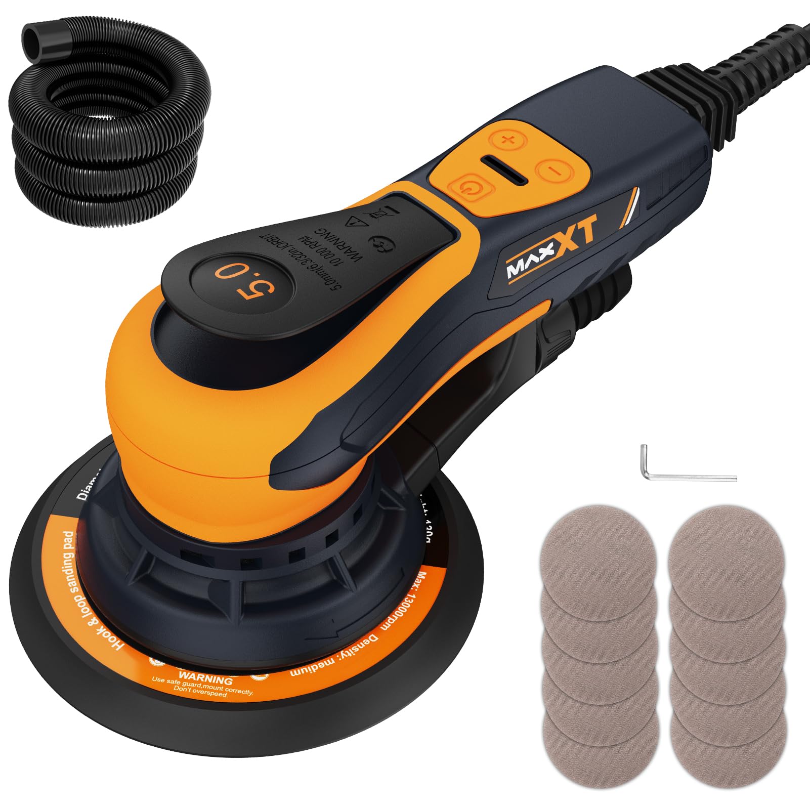 MAXXT Levigatrice rotorbitale senza spazzole 150 mm, 350W, Levigatrice orbitale da 5.0 mm con connessione a tre nuclei, Freno automatico-2s, 6 velocità regolabili e inclusi 10 fogli di carta vetrata