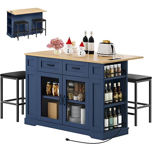 YITAHOME Kitchen Island with Seating, 47 Inch Mobile Storage Island with Drop Leaf, Rolling Islands Table with Power Outlet & Spice Rack, 2 Upholstered Stools and Footrest, for Dining Room, Navy Blue