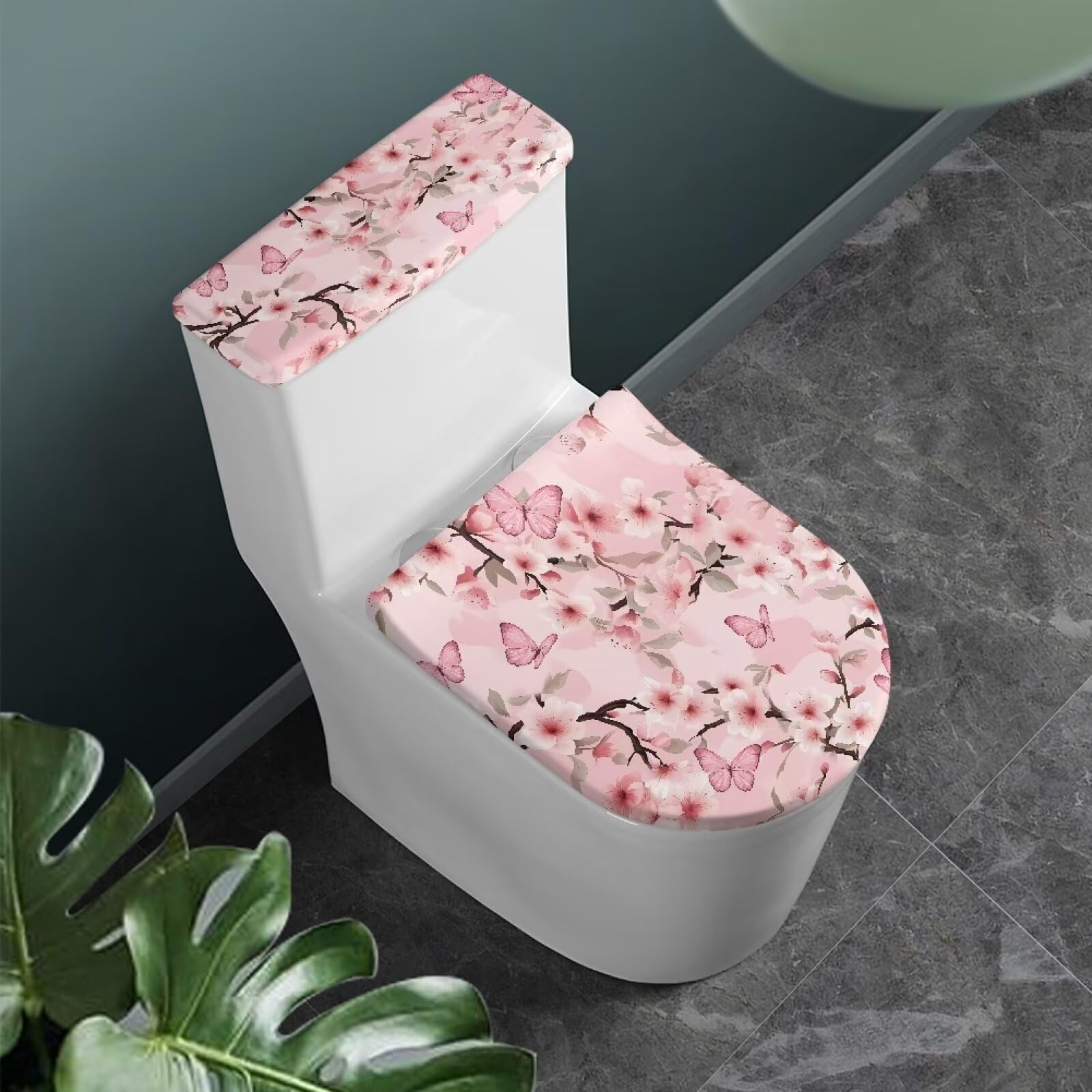 Bivxisrvo Pink Butterfly Print Toilet Seat Lid Cover Polyester Fabric Toilet Seat Covers for Bathroom Dustproof and Waterproof Toilet Seat Cover Set Universal for Most Toilet Bowl Lids