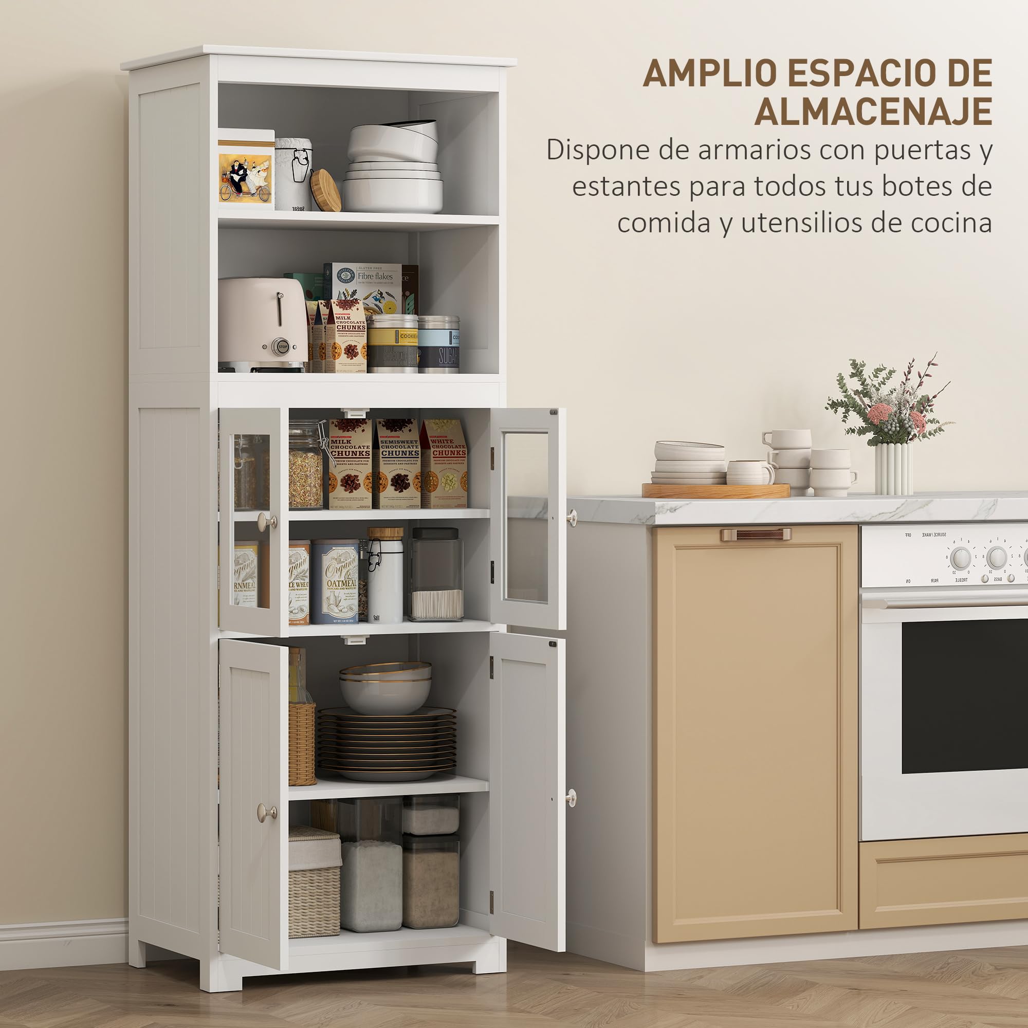 HOMCOM Alacena de Cocina Aparador de Comedor Armario de Cocina con 4 Puertas 2 Estantes Abiertos y Estante Ajustable para Salón 60x30x162 cm Blanco
