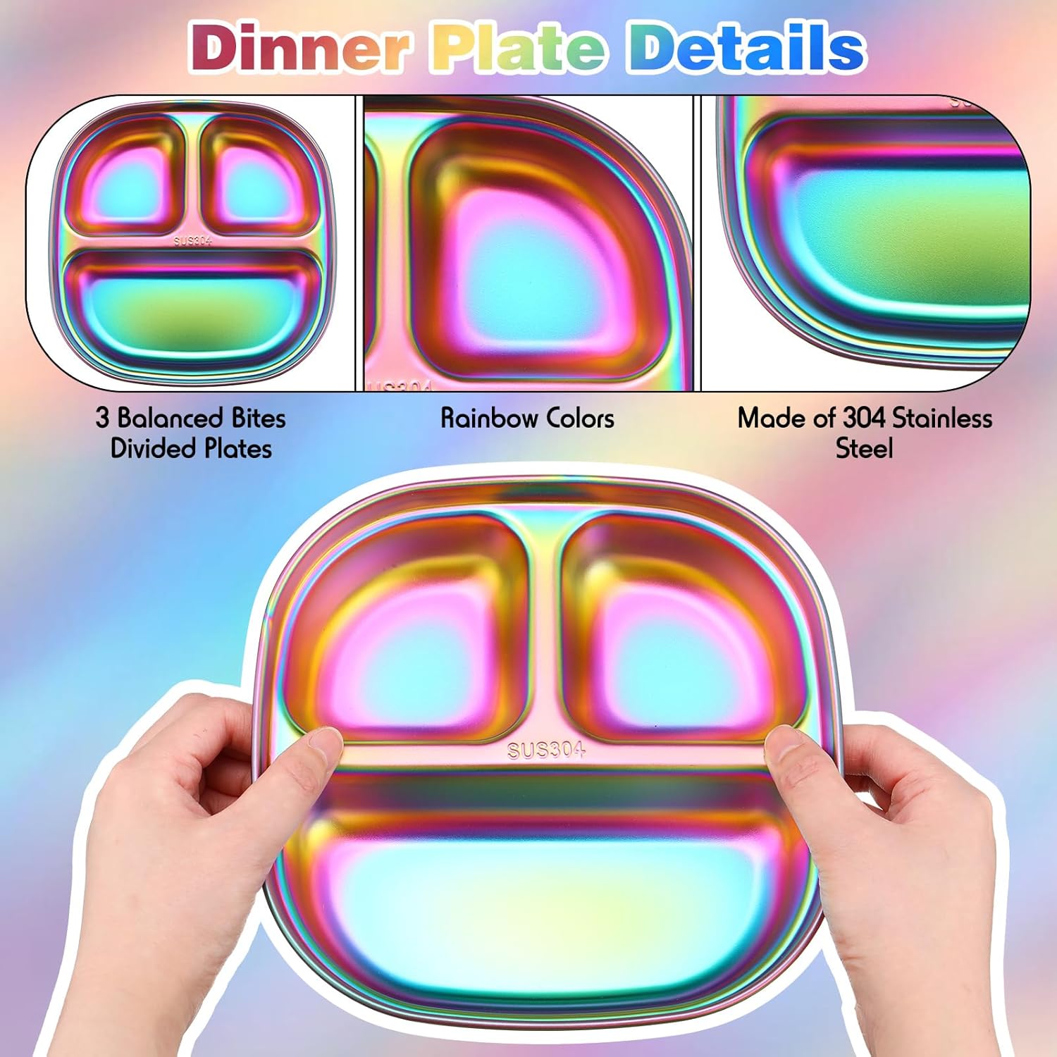 Tioncy 15 Pcs Stainless Steel Kids Dinner Set, Bowls, Balanced Bites Divided Plates, Cups, Spoons and Forks, Stainless Steel Lunch Plates Dinnerware Set for Kids Toddlers (Classic)