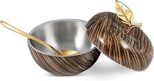 Miniatura 3 de Zion Judaica Rosh Hashanah - Tarro de miel en forma de manzana con cuchara para inmersión de manzana, elegante maceta de miel chapada en níquel con
