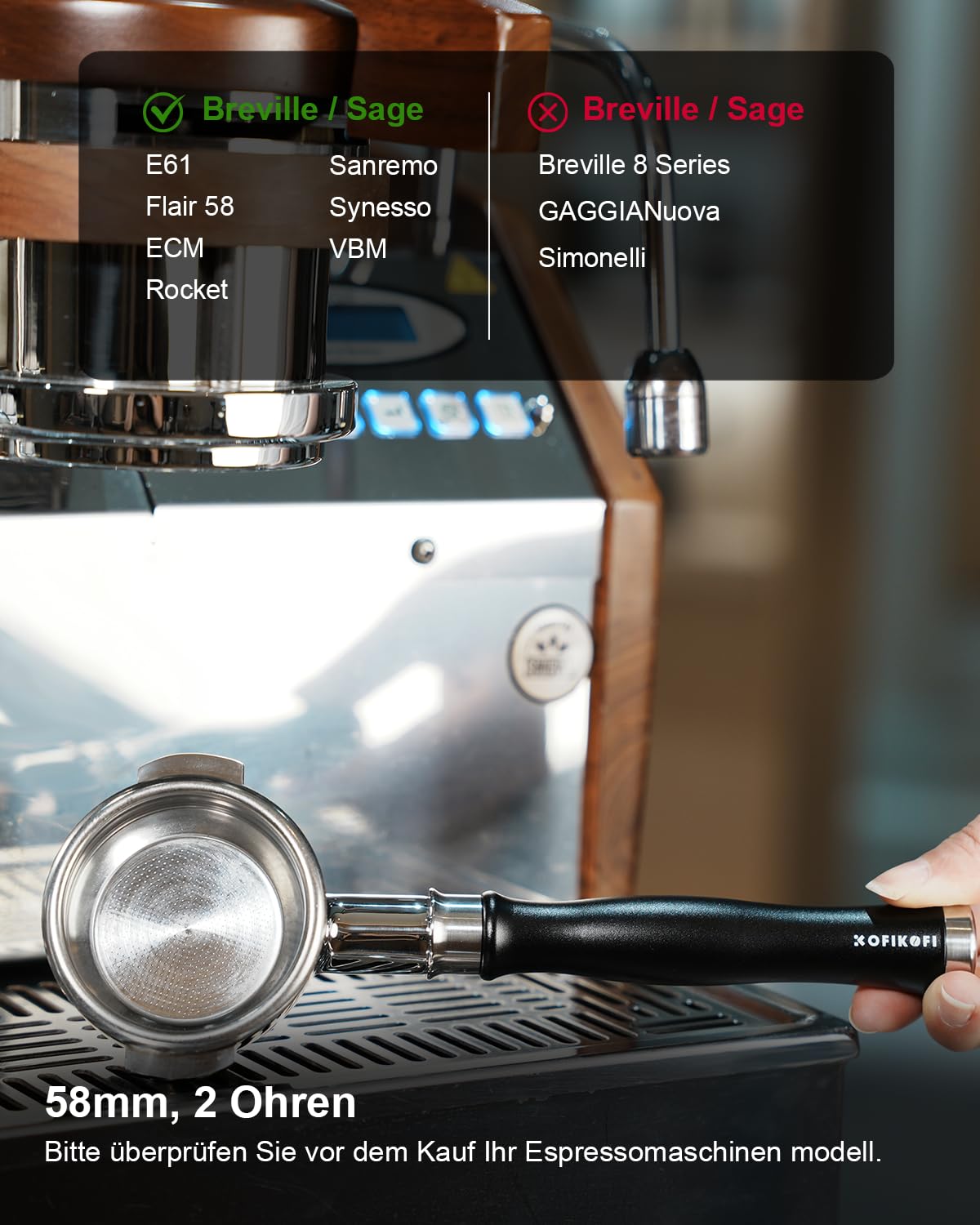 KOFIKOFI Portafiltro sin fondo de 58 mm, 2 orejas, filtro portafiltro sin fondo para cabezal de infusión E61, Flair 58, ECM, Rocket, Sanremo, Synesso, Slayer, cafetera expreso VBM con cesta de filtro
