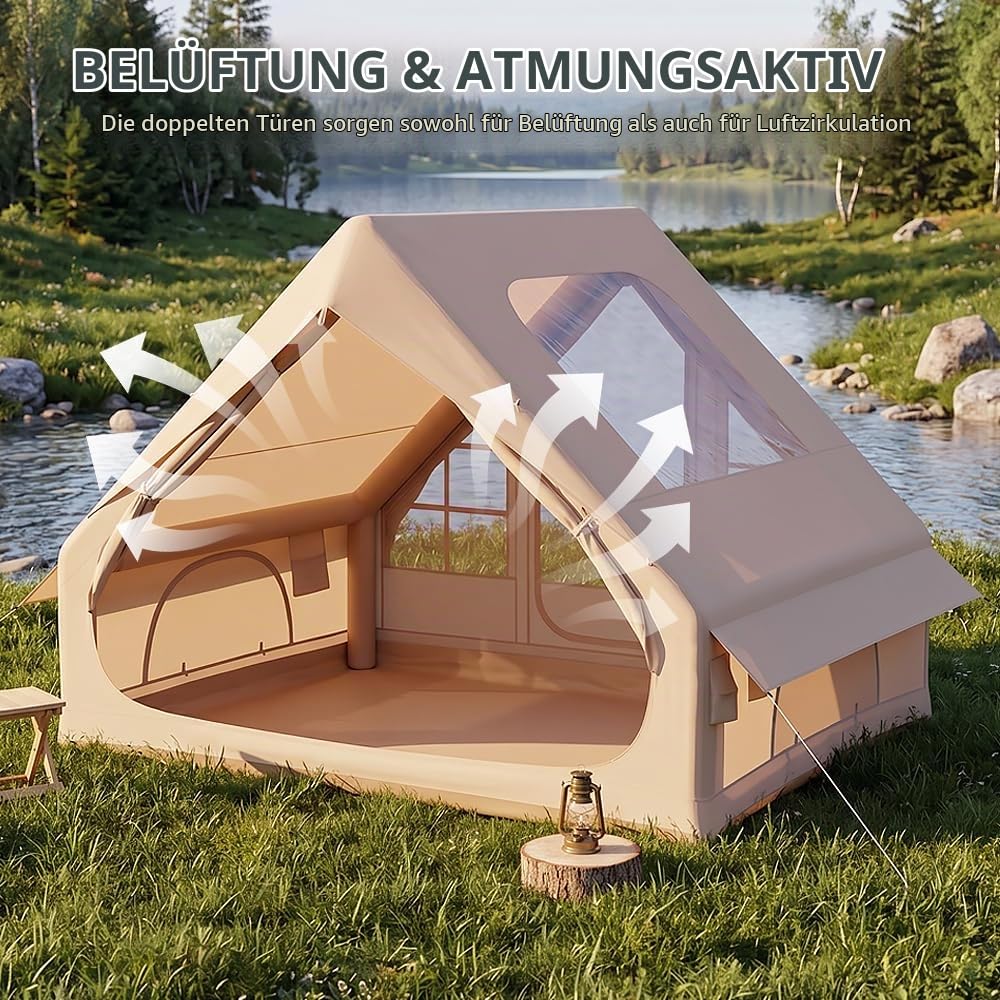 Aufblasbares Zelt, Campingzelt mit Dachfenster, Zelt Aufblasbar für 2-4 Personen mit Luftpumpe, Wasserdichtem Oxford Stoff Luftzelt für Jahreszeiten, Schneller Aufbau, Familienzelt (Zwei Eingangen) Sport & Freizeit