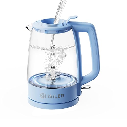 iSiLER 1500W Electric Kettle, 1.7 L Electric Tea Kettle with LED Indicator, Cordless Electric Glass Hot Water Boiler, Portable Teapot Heater Auto Shut-Off & Boil-Dry Protection BPA-Free Black