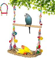 Natural Seagrass Bird Swing Hammock with Chewable Wood Perch - Climbing Toy for Parakeets, Budgies, Conures, Cockatiels, Lovebirds
