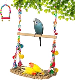 Natural Seagrass Bird Swing Hammock with Chewable Wood Perch - Climbing Toy for Parakeets, Budgies, Conures, Cockatiels, Lovebirds