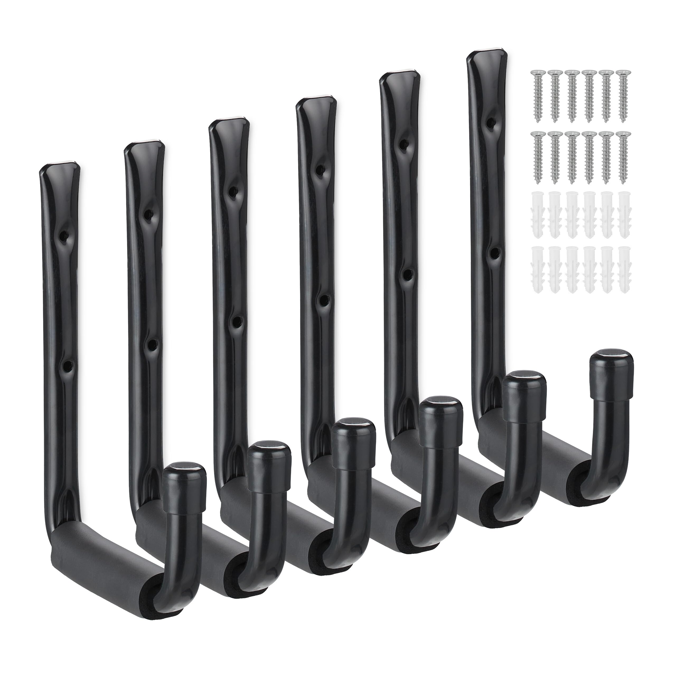 Relaxdays Wall Hooks, 6-Piece Set, U-Shaped Tool Holders for Garage, Rubberised, Tool Hanger Workshop, Steel, Black