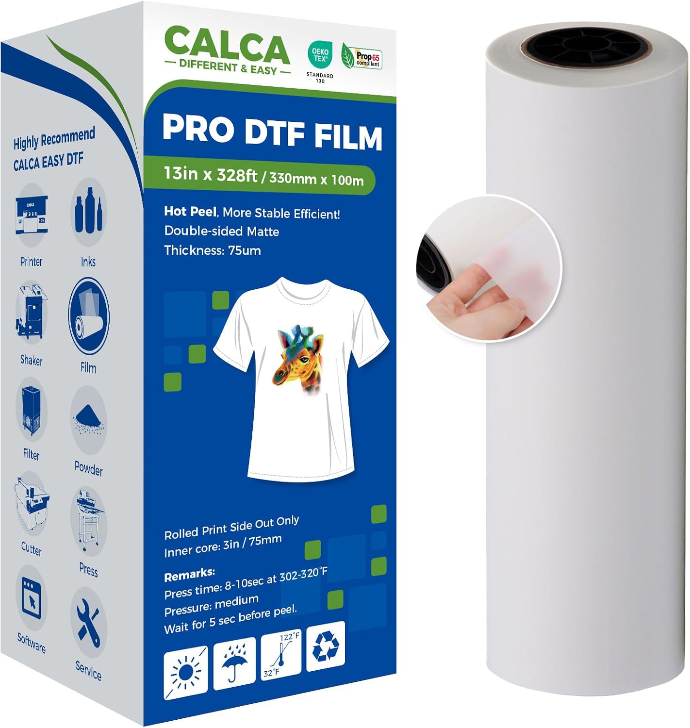 CALCA 13in x 328ft DTF Transfer Film Premium Roll - Hot Peel, DTF Film Roll Direct to Transfer Film Roll for Direct-to-Film Printing, in US Stock (Matte Anti-Skid Back)